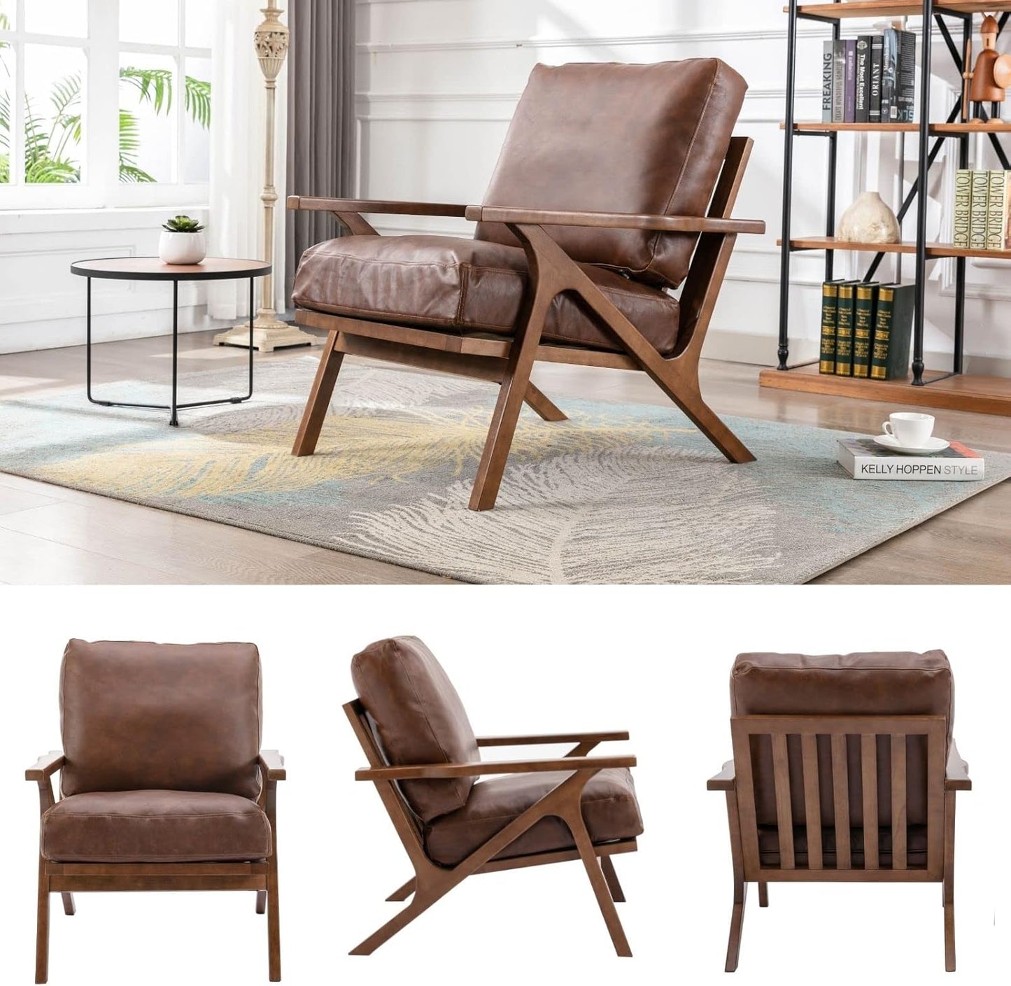 HNY Mid Century Arm Chair, Retro Accent Armchair with Wood Frames & Faux Leather Upholstered Removable Cushions, Leisure Reading Chair Slipper Chair for Living Room Bedroom, Brown