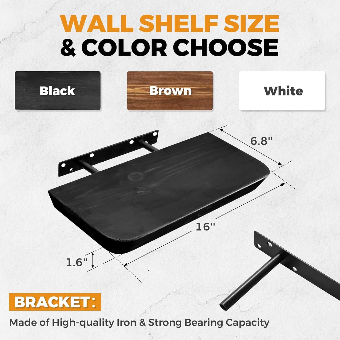 16"x6.8"x1.6" Slanted Floating Wall Shelves 2-Pack - Rustic Black Finish, Heavy-Duty Solid Wood Design with Hidden Brackets - Perfect for Living Room, Kitchen, Bathroom, or Office