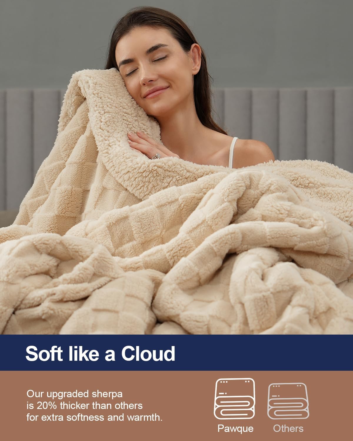 Pawque Super Soft Cozy Throw Blanket for Couch Sofa Bed - Fluffy Sherpa Fleece Reversible Thick Warm Fuzzy Blanket for All-Season, 3D Checkered Jacquard Elegant Decorative Blankets, Khaki, 50" x 60"