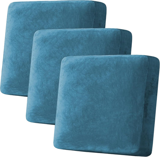 H.VERSAILTEX Velvet Stretch Couch Cushion Cover Plush Cushion Slipcover for Chair Loveseat Sofa Cushion Furniture Protector Seat Cushion Sofa Cover (3 Piece XL Sofa Cushion Covers, Peacock Blue)