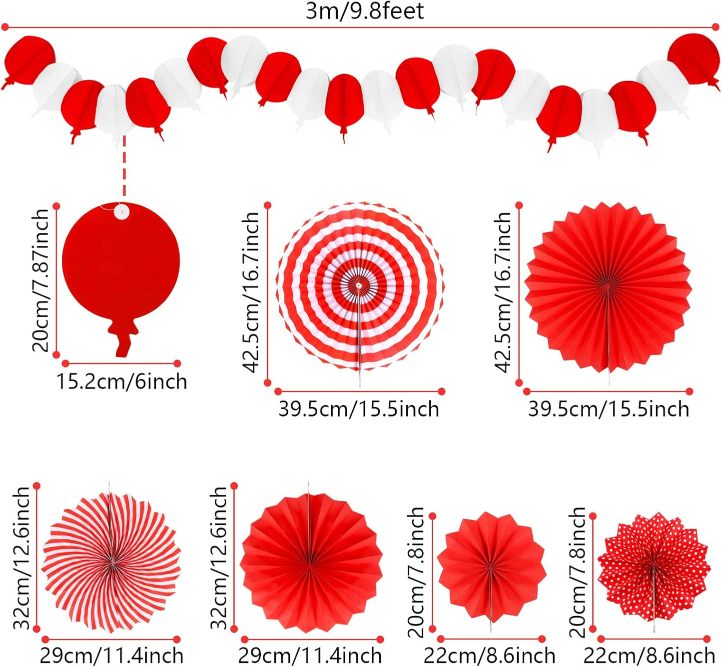 Red Party Decorations, Papar Fans Pompoms Fans Garlands for Birthday Bridal Baby Shower Wedding Graduation New Years Valentine's Day Party Decorations