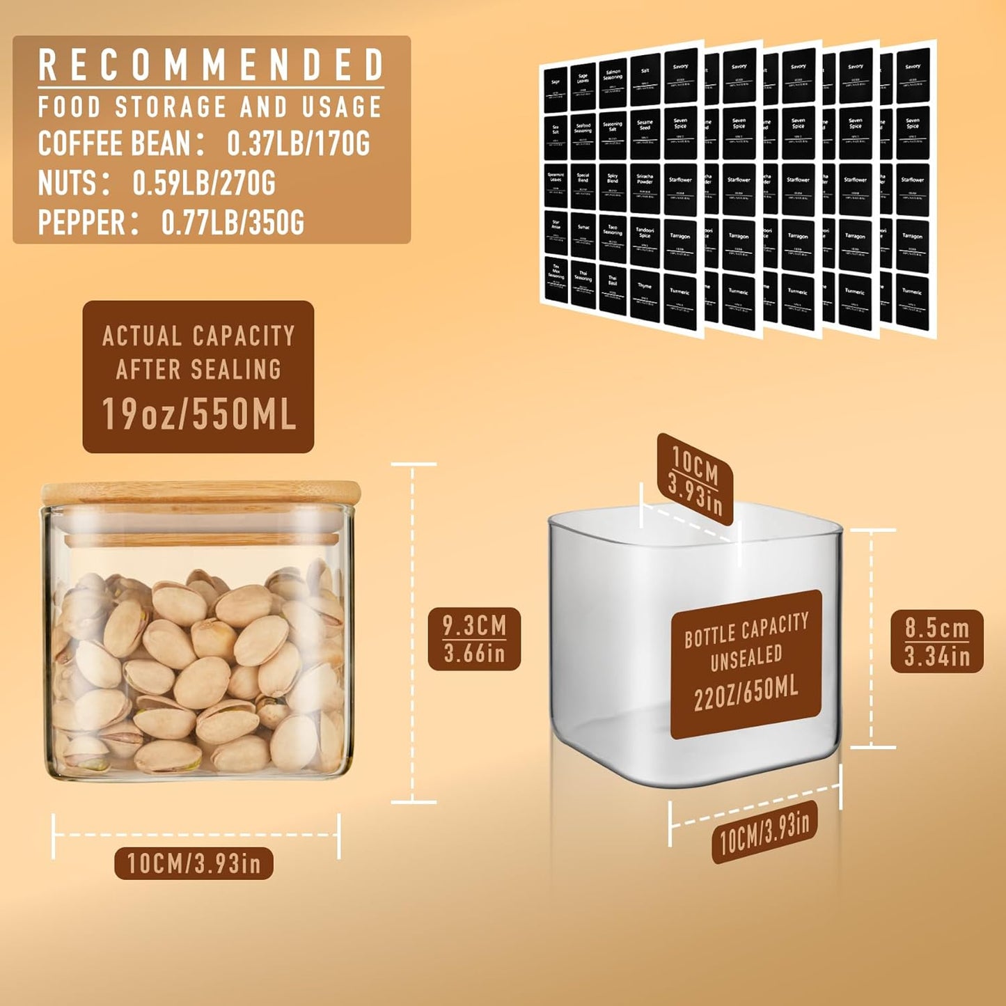 22oz Airtight Square Spice Containers with Bamboo Lid Set of 6 (650ml) Kitchen Pantry Organization Jar Stackable Spice Jar, for Sugar, Tea, Cookies and Coffee beans (‎with Black Lable)