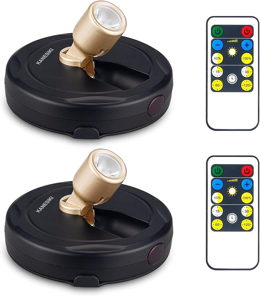 Spotlight Battery Operated, Wireless LED Puck Light, Dimmable Accent Spot Light for Plant Tree Indoor, Stick Uplighting for Display Photo Dartboard Painting Artwork Gallery Portrait, 2 Pack