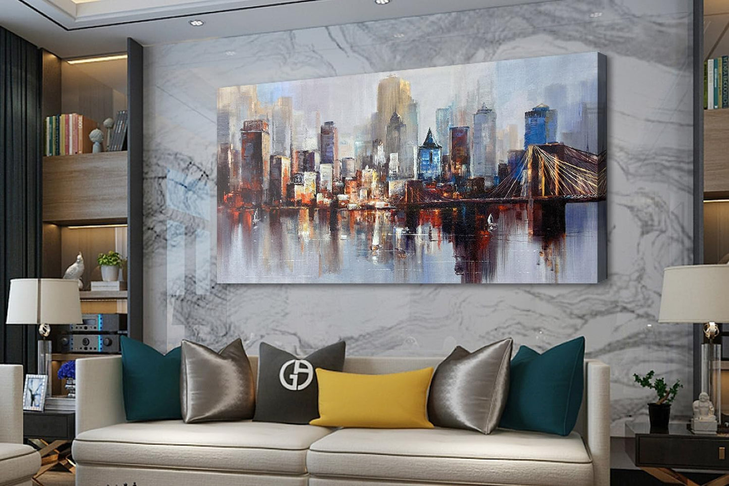 Arjun Brooklyn Bridge Wall Art Modern New York City Abstract Canvas Cityscape Painting, NYC Skyline Textured Picture for Living Room Bedroom Home Office Wall Decor Extra Large Size Framed 58"x29"