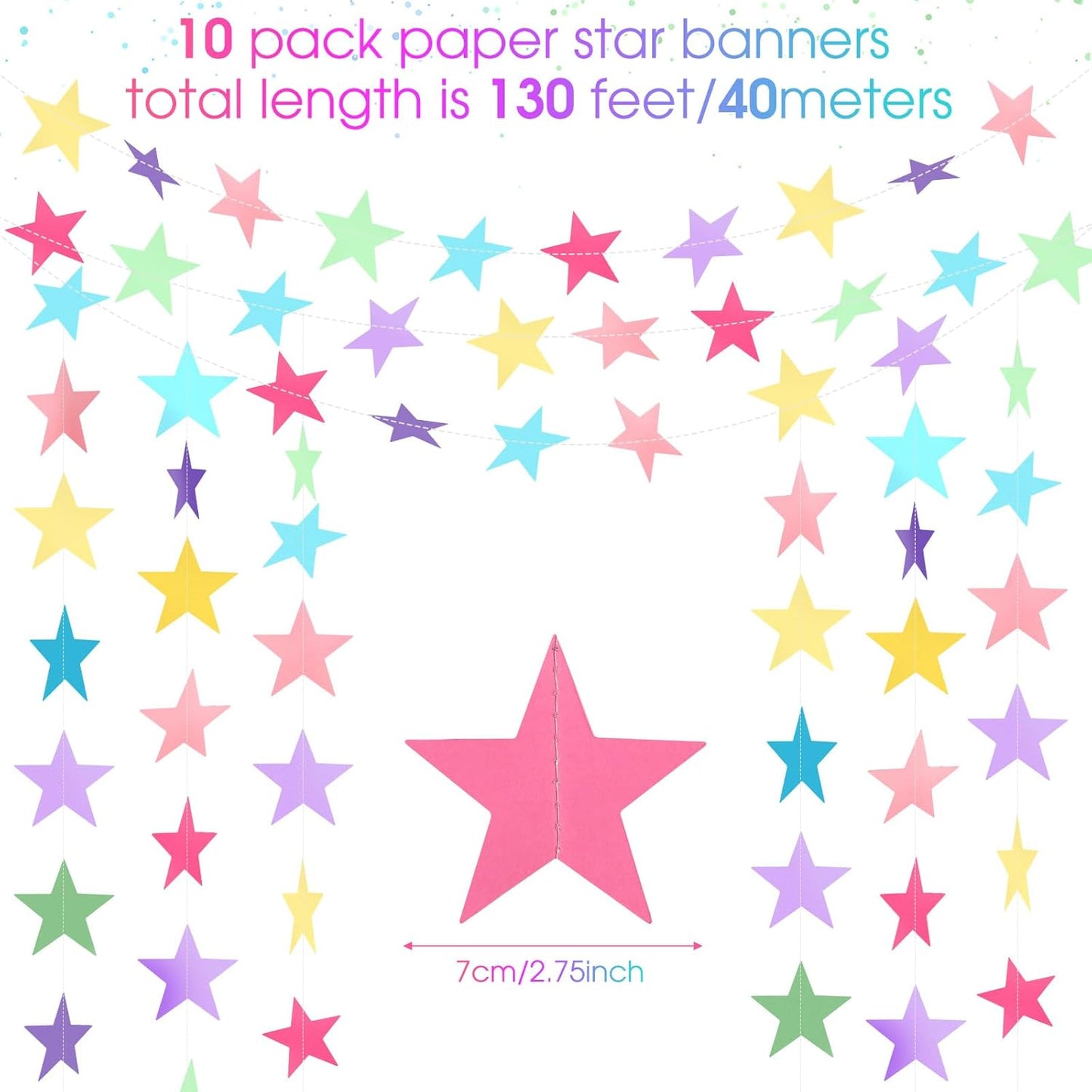 Patelai Glitter Star Garland Banner Decor 130 Feet Star Hanging Bunting Banner Twinkle Backdrop for Homecoming Classroom Wedding Birthday Halloween Christmas Party Supplies(Macaron Color)