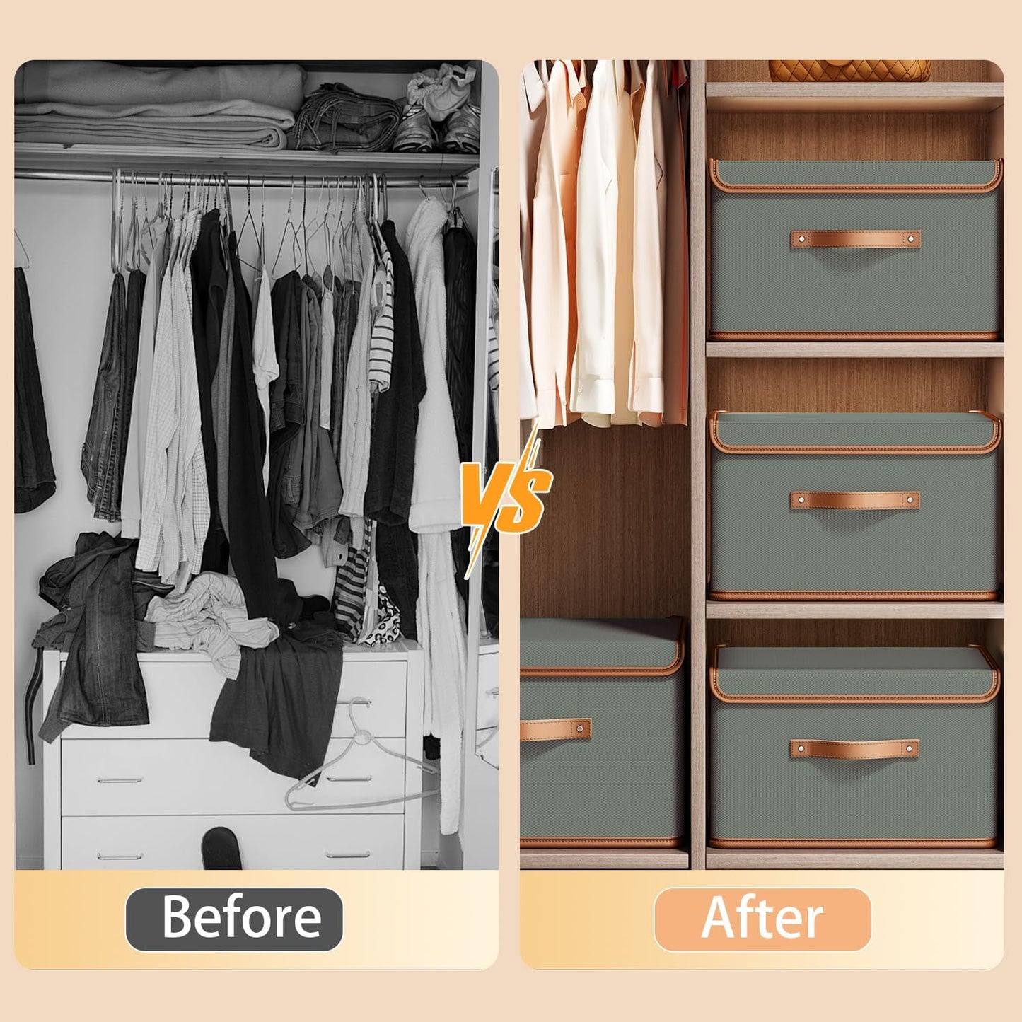 Tuza 4 Pack Storage Bins with Lids, Collapsible Closet Organizer Container, Fabric Organizer Box with Handles, Decorative Storage Boxes with Lids for Organizing Clothes, Blanket, Grey, Large