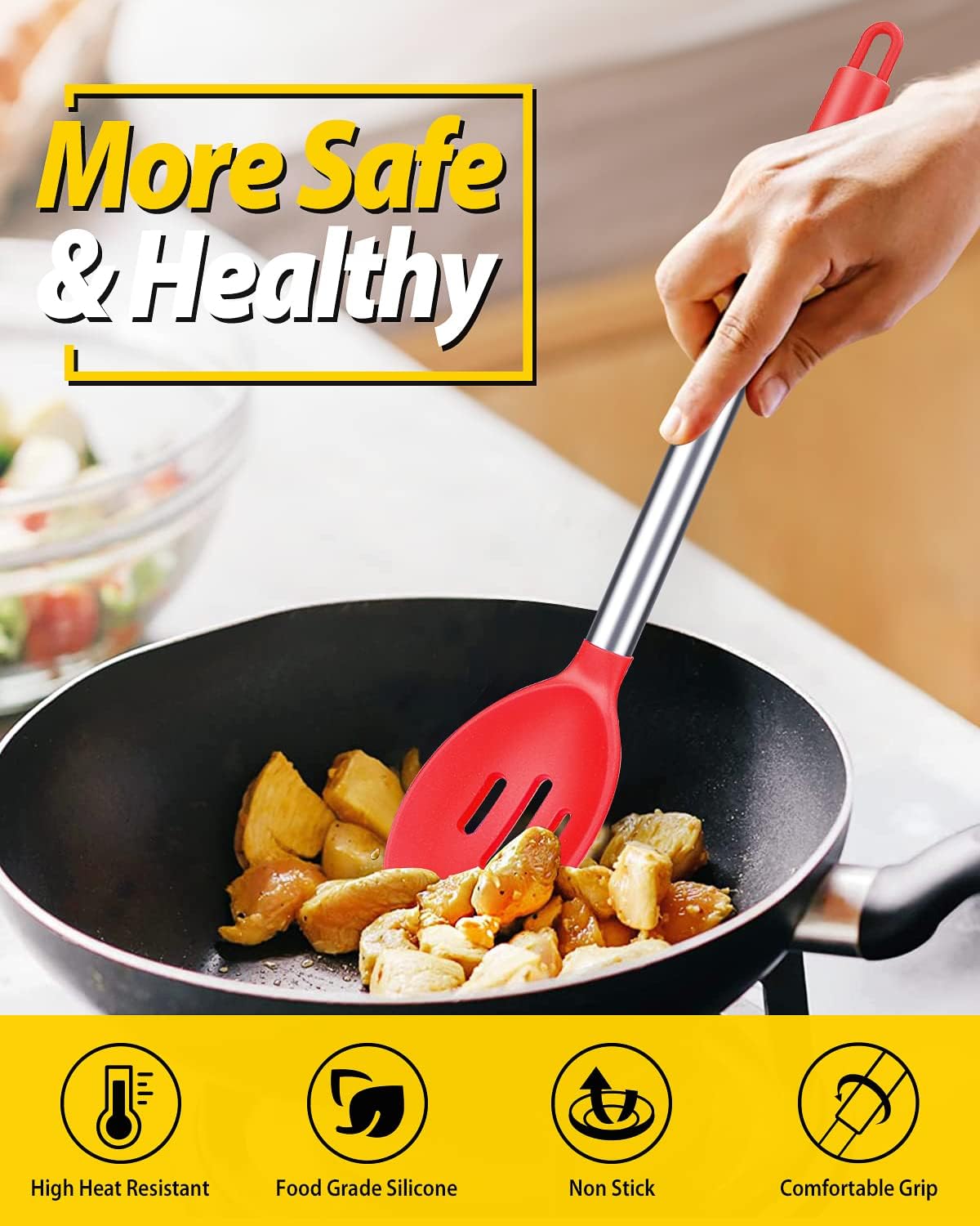 Pack of 2 Large Silicone Cooking Spoons,Non Stick Solid Basting Spoon,Heat-Resistant Kitchen Utensils for Mixing,Serving,Draining,Stirring (RED)