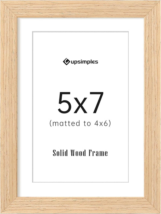 upsimples 5x7 Picture Frame, Natural Solid Wooden Picture Frames, Display 4x6 with Mat or 5 x 7 Without Mat, Wall or Tabletop, 1 Pack, Natural