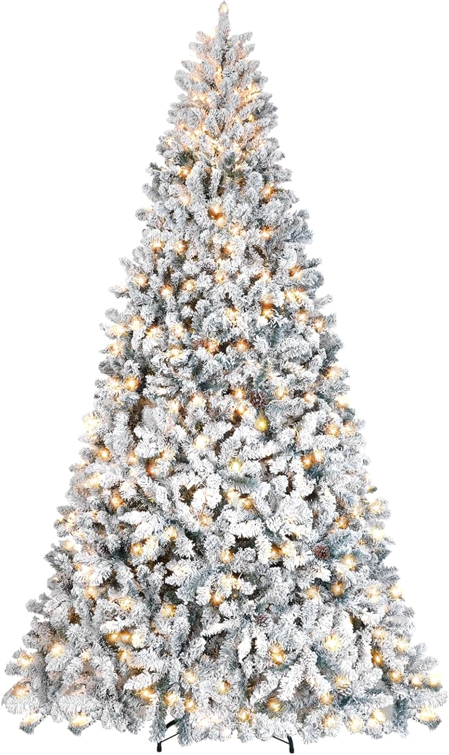 8 ft Flocked Snow Frosted Artificial Christmas Tree with 700 UL Lights & Pine Cones, 1754 Tips, Auto Hinged Easy Setup Full Prelighted