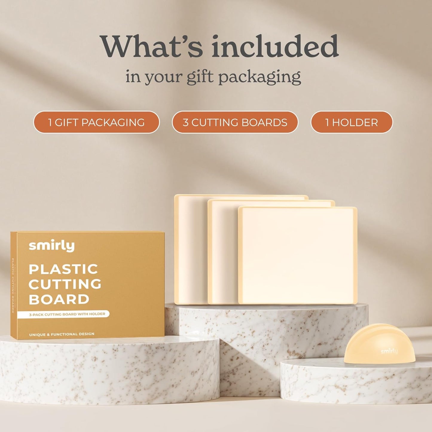 SMIRLY Plastic Cutting Board Set 3 Pieces, Non-Slip Dishwasher Safe Chopping Boards for Kitchen, Cream White