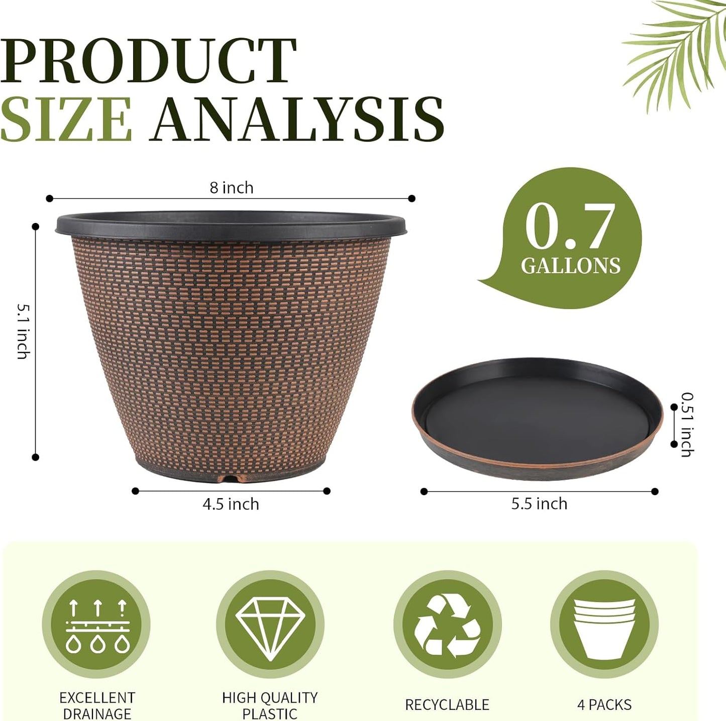 4 Pack 8 inch Plant Pot, Plastic Pots for Plants Indoor, Round Planters for Outdoor Plants with Drainage Holes & Trays, Decorative Flower Pots Garden Containers Sets for Houseplants (Black Copper)