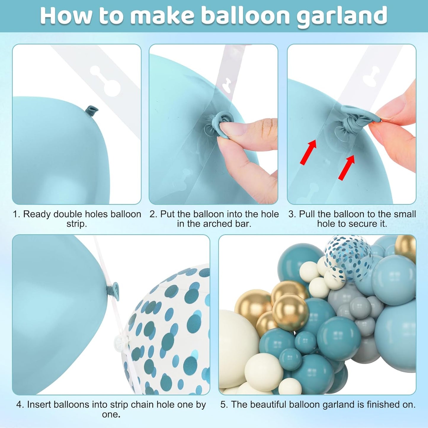 Amandir 153pcs Dusty Blue Balloon Garland Arch Kit, Different Sizes 18 12 10 5 inch Slate Fog Blue Ivory Latex Metallic Confetti Balloons for Boys Birthday Baby Shower Ocean Theme Party Decorations