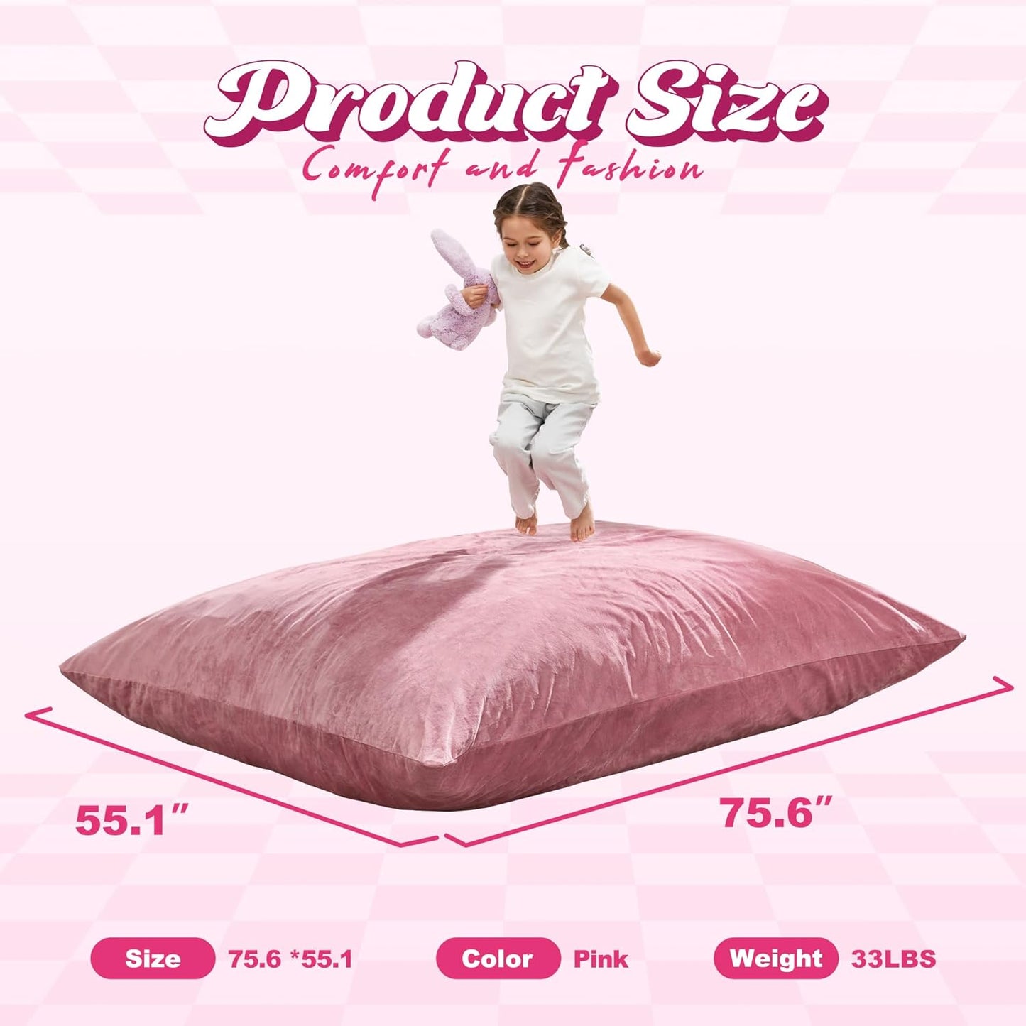 Hobestluk 3 in 1 Bean Bag Chair Giant Bean Bag Chairs for Adults with Velvet Cover Convertible Bean Bag Floor Cushion with Machine Washable Cover for Living Room (Velvet Pink)