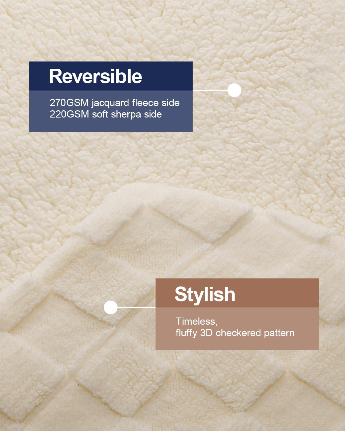 Pawque Super Soft Cozy Throw Blanket Queen Size for Couch Bed, Fluffy Sherpa Fleece Reversible Thick Warm Fuzzy Blanket for All-Season, 3D Checkered Jacquard Decorative Blankets, Cream White, 90"x90"