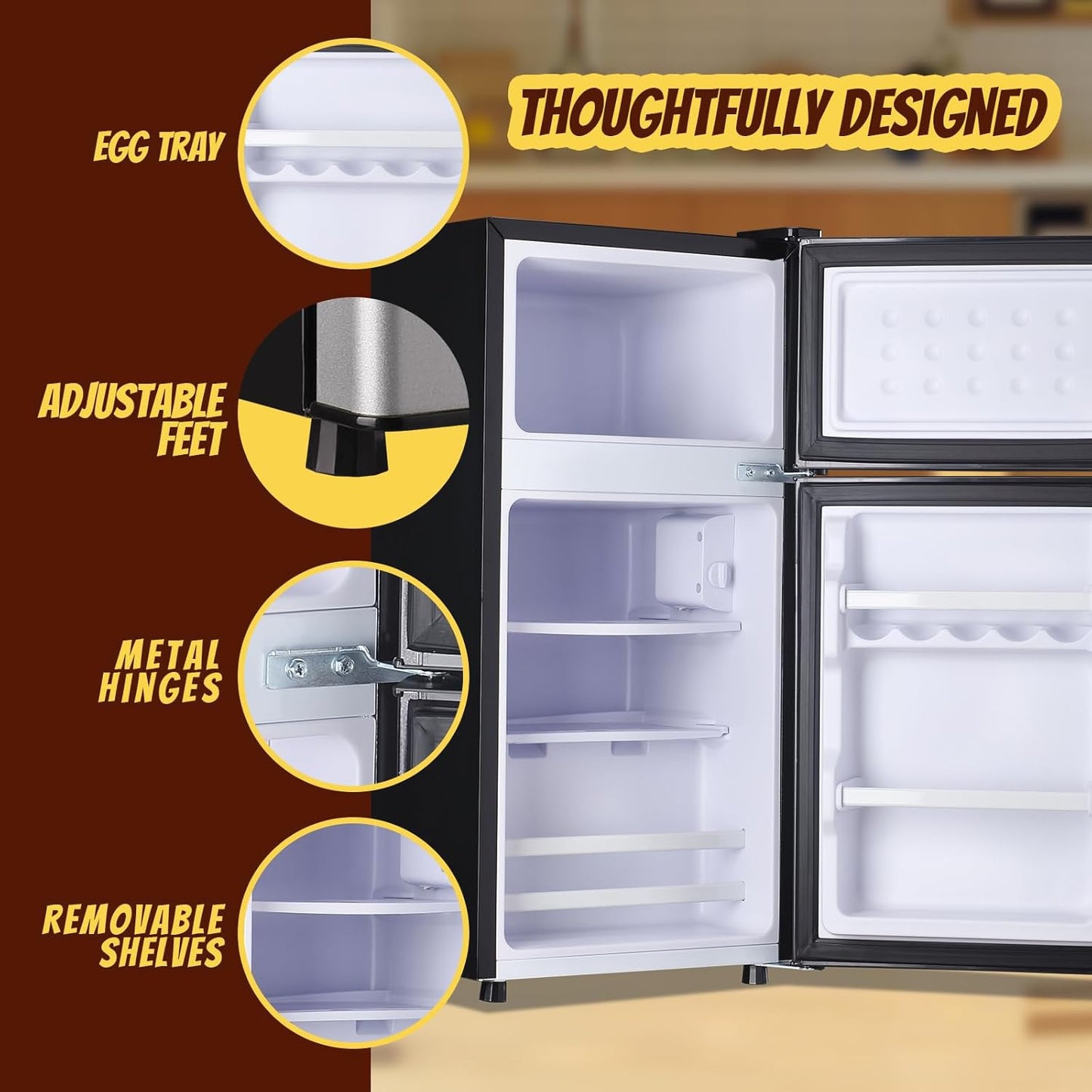 Mini Fridge with Freezer Small Refrigerator Double Door Dorm Fridge for Single Removable Shelves for Bedroom, Office, Dorm Black