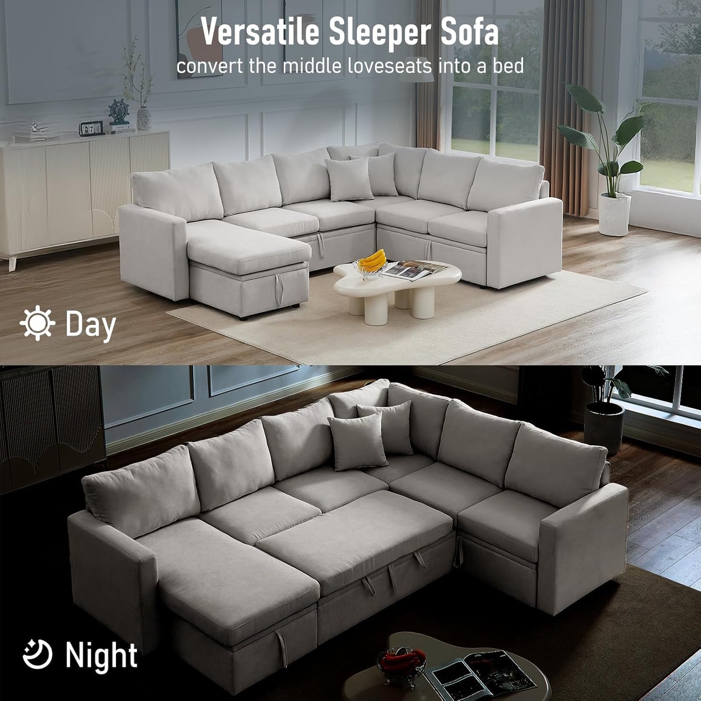 7 - Seater Sofa Bed, Large U - Shaped Modular Sectional Sofa, Oversized Pull - Out Sleeper with Storage for Living Room, Light Grey