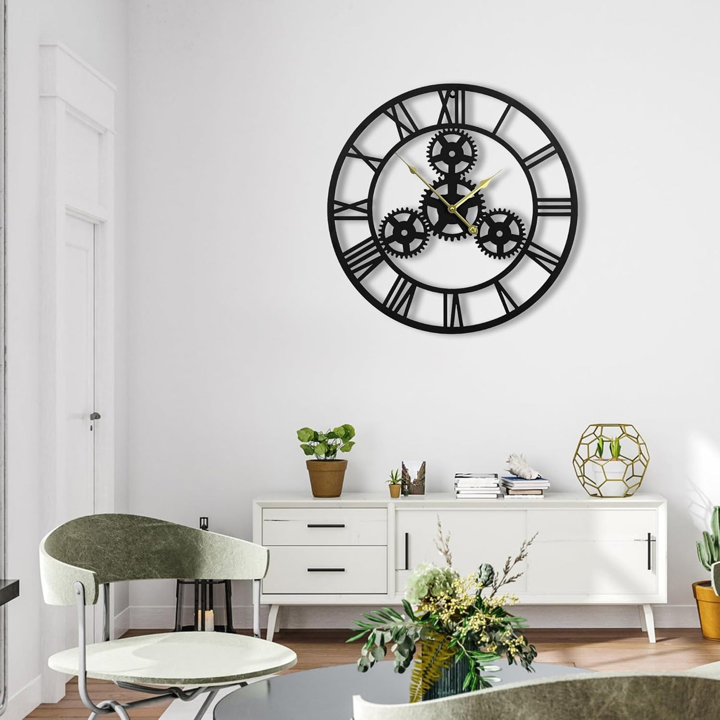 24inches/60cm Wall Clocks for Living Room Deco Non Ticking Silent Battery Operated Metal Modern Vintage Roman Numeral Oversized Gear Wall Clocks for Bedroom Kitchen Fireplace Office Farmhouse