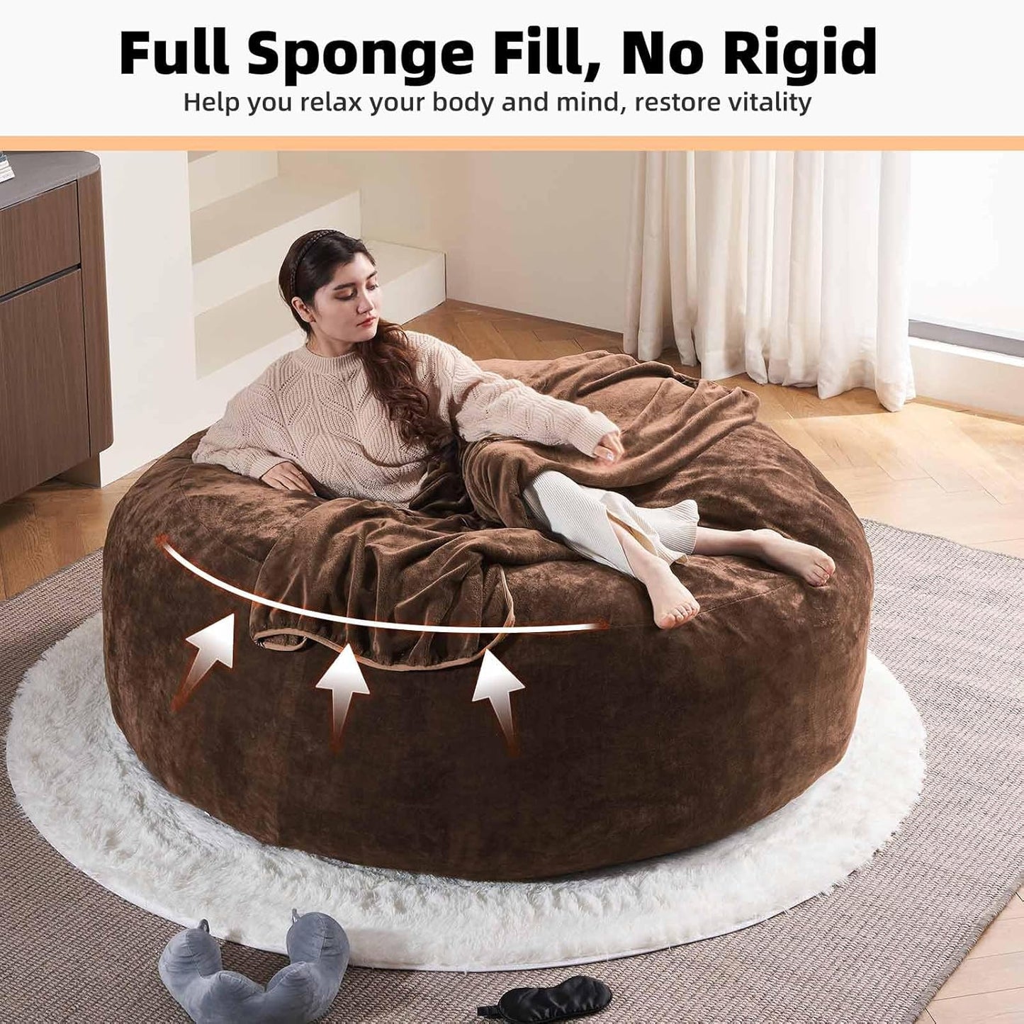 6FT,Oversized Bean Bag Chairs for Adults,Giant beanbag with Filler Included，Fluffy Memory Foam,Soft and Comfy Corduroy Fabric,Gaming Chairs Suitable for Living Room and Bedroom (Coffee Color, 6 Foot)