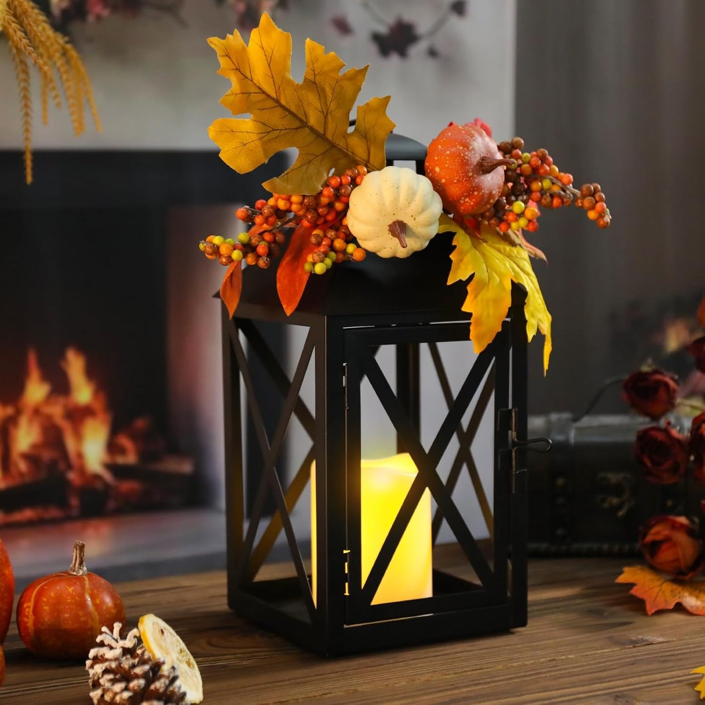 Fall Decor Lantern for Home, Large Decorative Lanterns Outdoor Waterproof 12" Battery Powered Decorative Lanterns Metal Hanging LED Candle Holder, Flameless Candle Lantern for Indoor 2 Packs