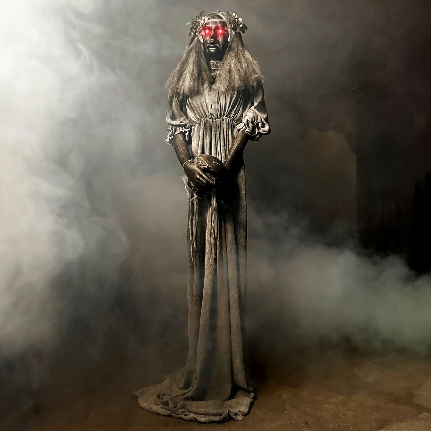 Haunted Hill Farm Lifesize Animatronic Scary Haunted Lady Statue with Touch Activated Lights and Sound, Battery-Operated Indoor or Covered Outdoor Halloween Decoration