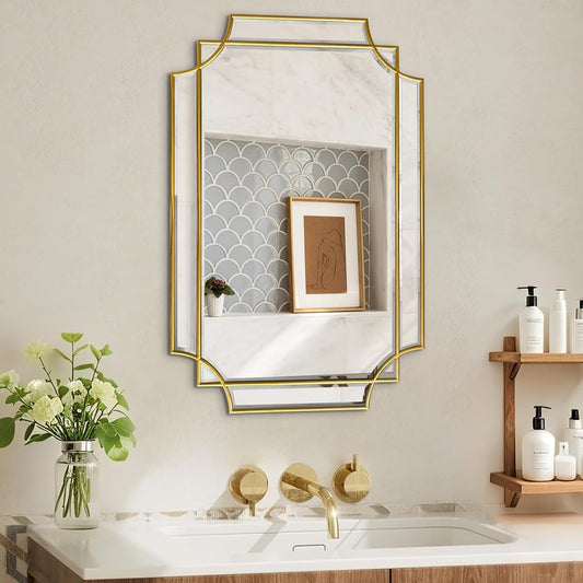 30x20 Inch Gold Bathroom Mirror, Wooden Frame with Scalloped Polished Beveled Glass, Modern Art Wall Decor for Vanity, Irregular Rectangle Mirror for Bedroom, Living Room, Fireplace & Entryway