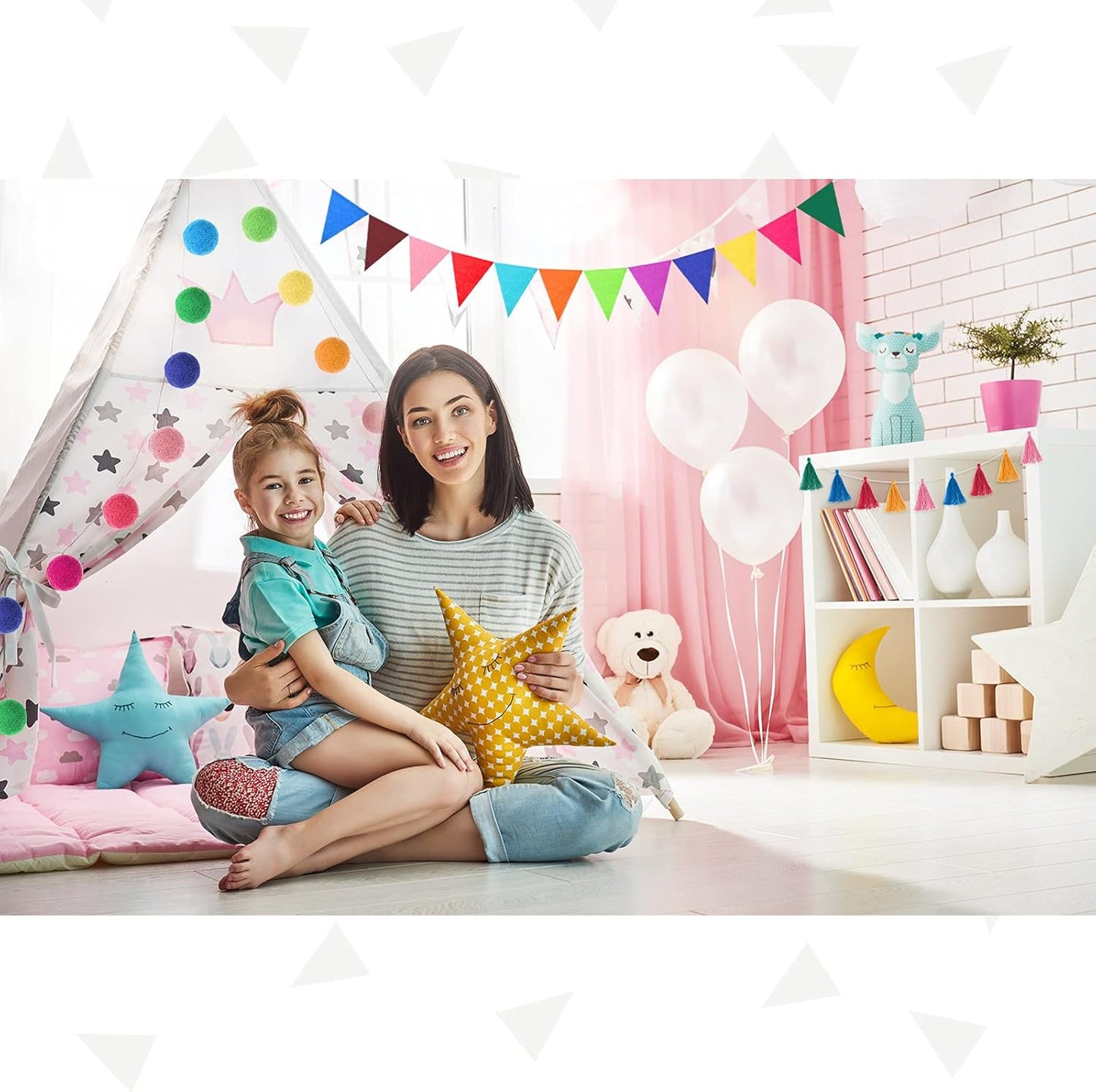 Irenare 9.8 ft Pom Pom Garland Felt Colorful Tassel Banner Christmas Party Pompoms Garland Decorations Felt Pennant Banner for Classroom Home Mantel Fireplace Birthday(Multicolor)