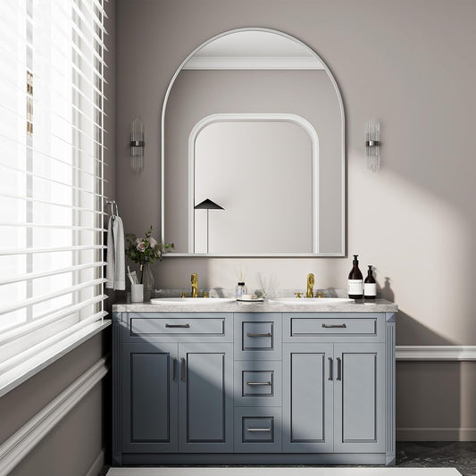BEAUTYPEAK 36"x48" Arch Bathroom Mirror, Wall Mounted Vanity Metal Frame Mirror for Bedroom, Entryway, Living Room, Silver