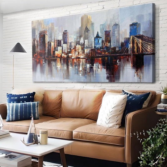 Arjun Brooklyn Bridge Wall Art Modern New York City Abstract Canvas Cityscape Painting, NYC Skyline Textured Picture for Living Room Bedroom Home Office Wall Decor Extra Large Size Framed 58"x29"