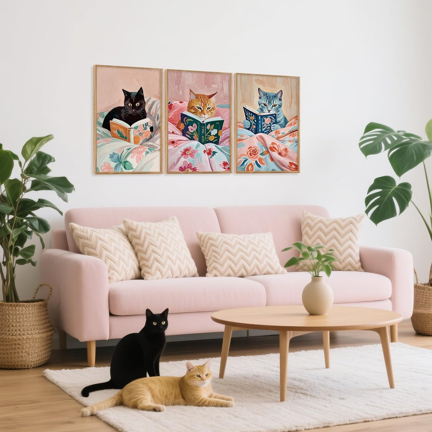HPNIUB Framed Vintage Black Cats Canvas Wall Art, Funny Animal Reading Books Poster Printing Pictures, Pink Cute Cat Lovers Wall Decor for Girls Room Bedroom Kids Room Living Room Classroom- 24 x36 x3