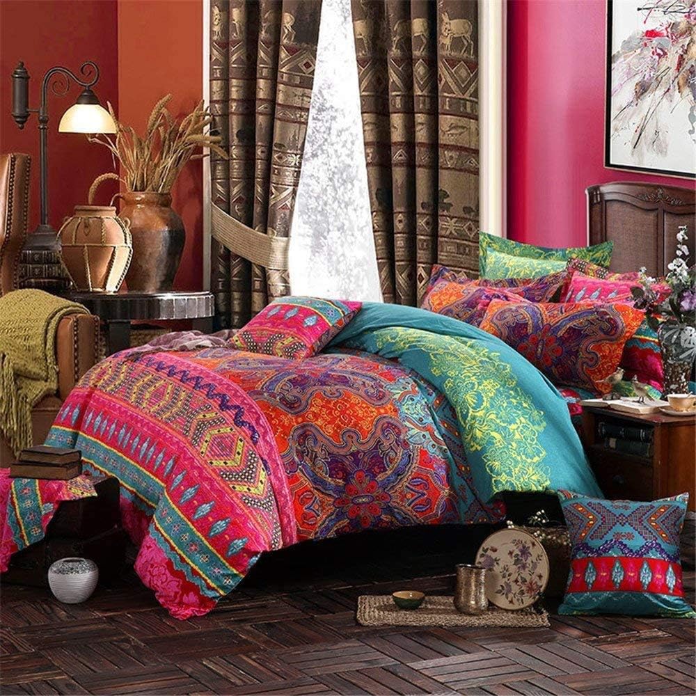 ABREEZE 3Pcs Bohemia Retro Bedding Ethnic Vintage Floral Duvet Cover Boho Bedding 100% Brushed Cotton Bedding Sets Damask Paisley Coloful Mandala Down Comforter Cover,King