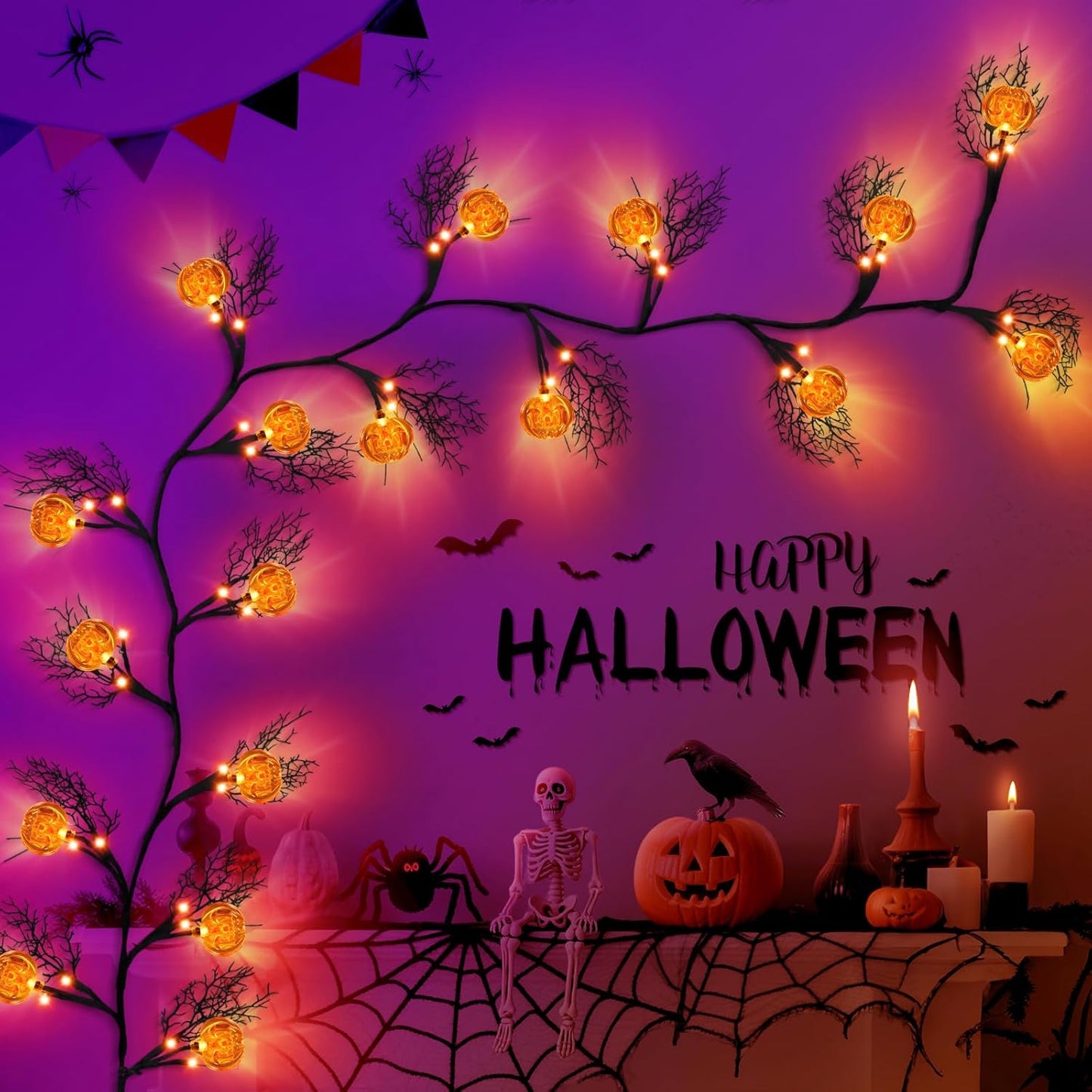 [8 Modes & Timer] 6Ft 45 LED Halloween Willow Vine Twig Garland with Orange Lights - Battery Operated, Waterproof Halloween Decor for Indoor Wall, Fireplace Mantle, Home Party (Pumpkin, 6FT)