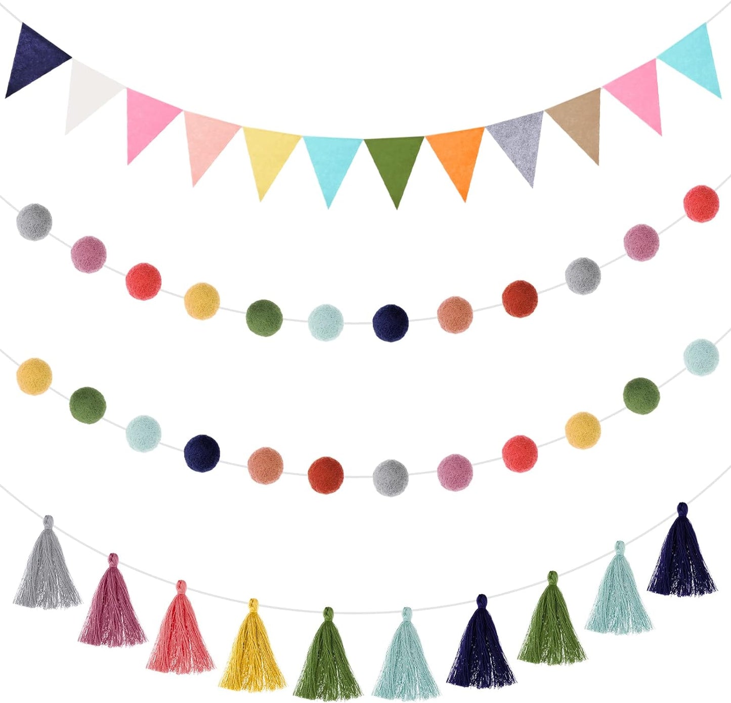 Irenare 9.8 ft Pom Pom Garland Felt Colorful Tassel Banner Christmas Party Pompoms Garland Decorations Felt Pennant Banner for Classroom Home Mantel Fireplace Birthday(Bright Color)