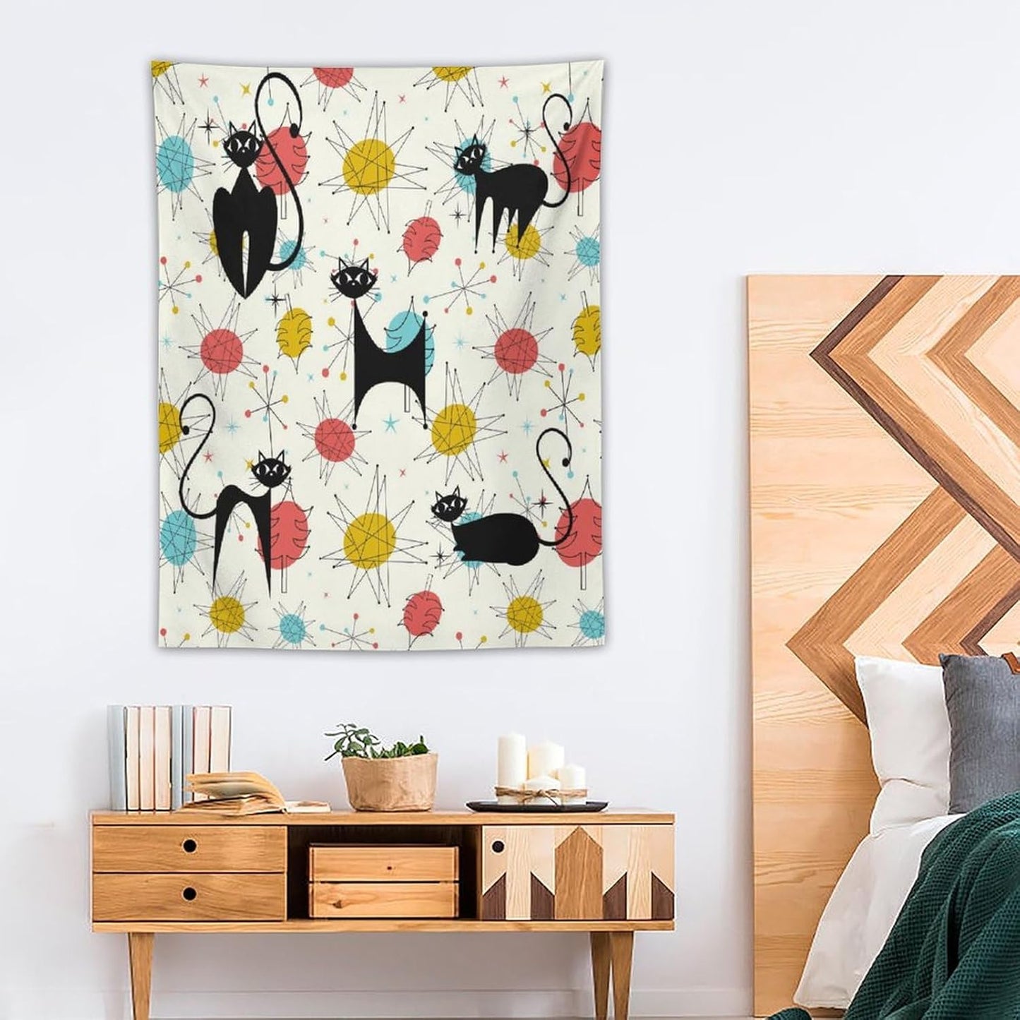 ICMOLYYENLO Abstract Cat Tapestry, Medieval Abstract Atomic Star Cat Vintage Home Wall Hanging Art Tapestry for Bedroom Living Room Dormitory 60x80 Inch