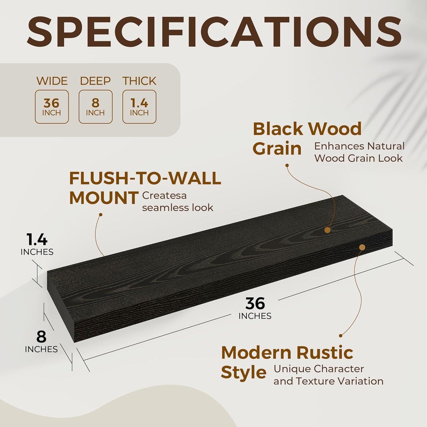 36 inch Floating Shelves Wall Shelves for Office with Invisible Brackets, 8 inch Deep Shelves for Bathroom, Living Room, Kitchen, Office, 36x7.9 inch deep Set of 2, Black