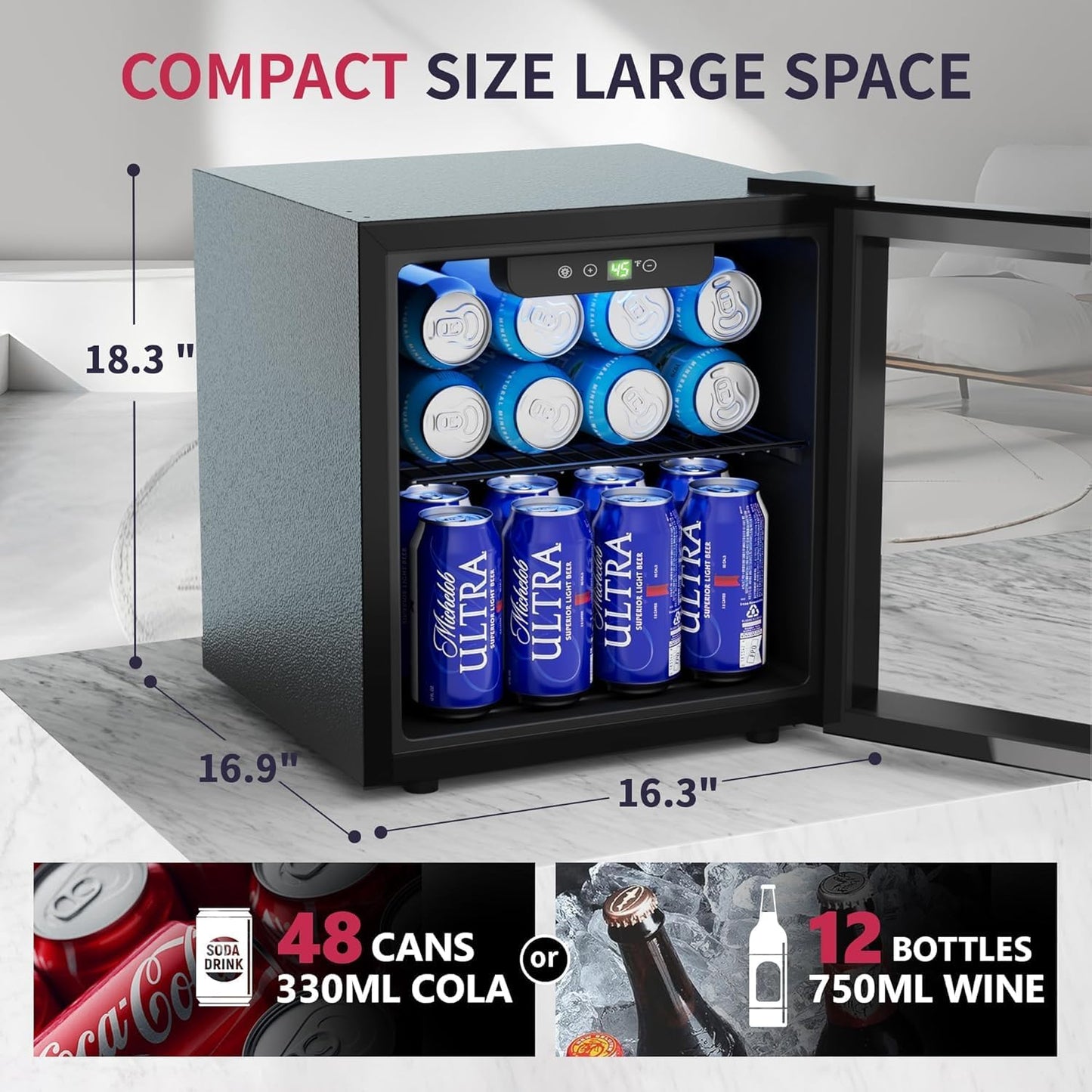 48 Can Beverage Refrigerator Cooler, Mini Fridge Glass Door with Adjustable Shelves, Freestanding Beverage Fridge with Blue LED for Home/Office/Dorm/Bar, 1.3 Cu.ft