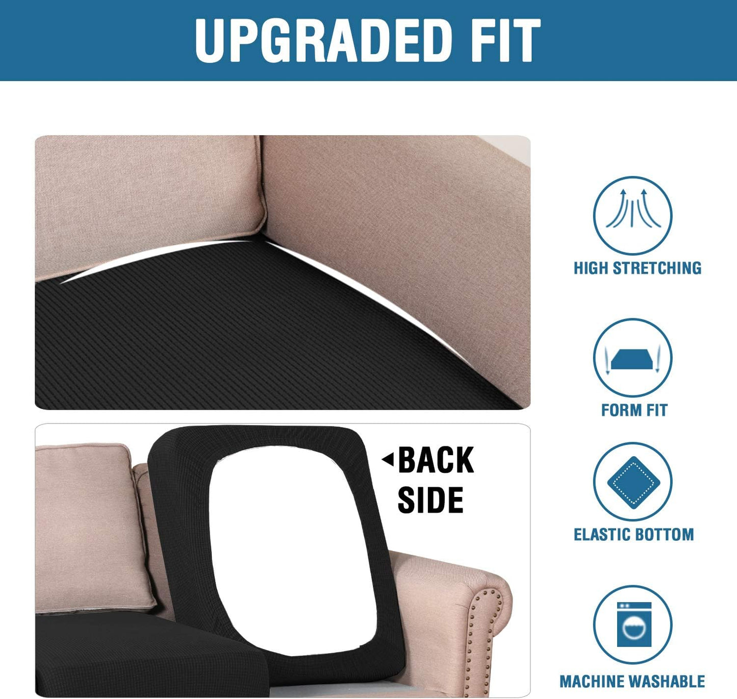 H.VERSAILTEX Super Stretch Individual Seat Cushion Covers Sofa Couch Slipcover Sets Thick Jacquard Textured Twill Fabric (3 Piece Covers, Black)