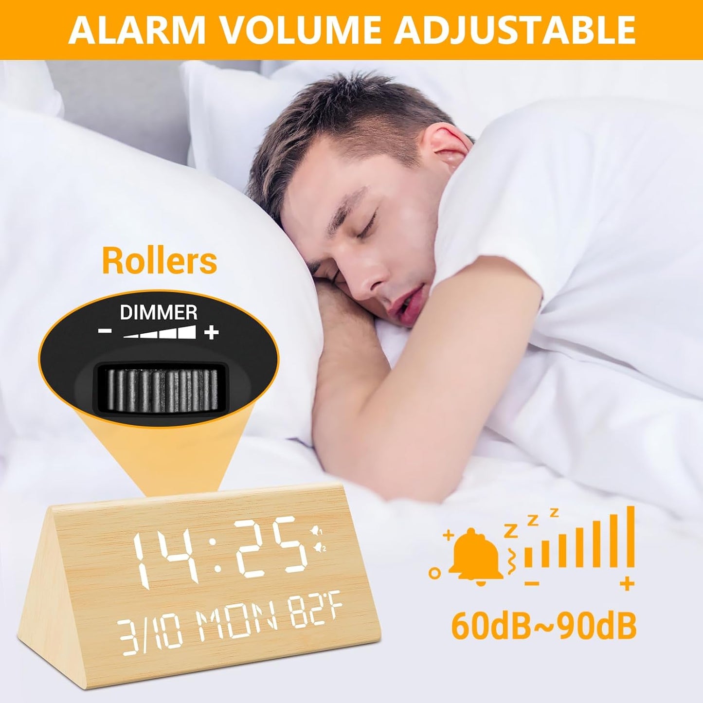 Kogonee Wooden Digital Alarm Clock, 0-100% Dimmer, 2 Alarm Settings, Weekday/Everyday Mode, 9 Mins Snooze, 12/24H, Temperature and Date Display for Office, Travel, Bedroom Alarm Clock (Bamboo)