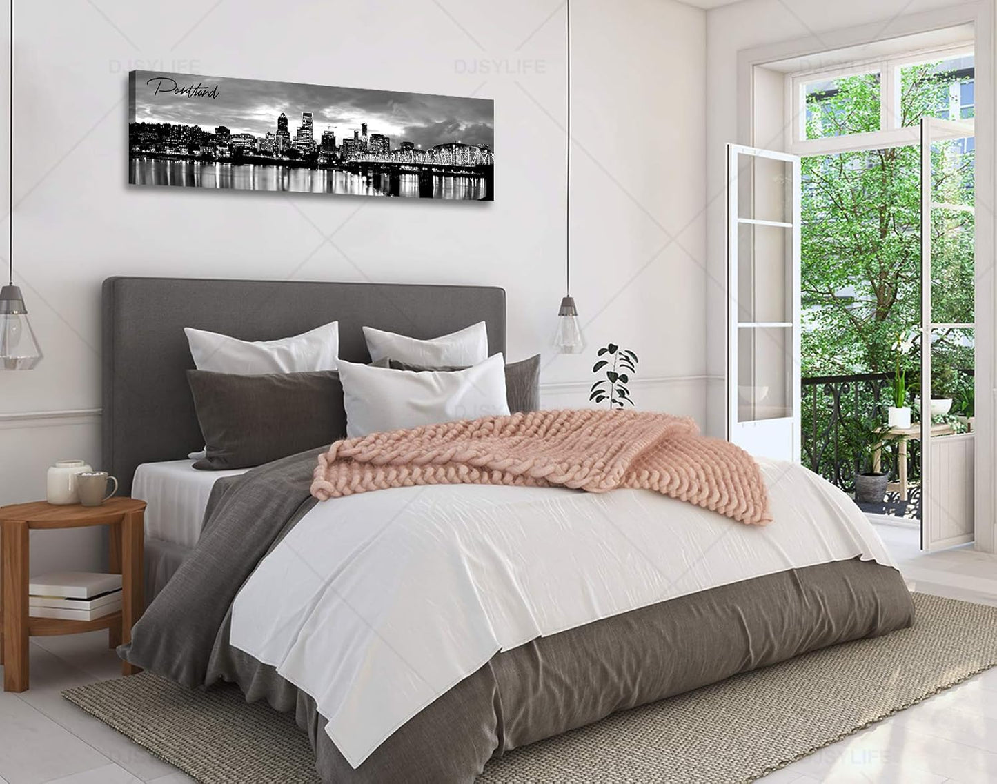 DJSYLIFE-Portland Skyline Canvas Print Modern City Landscape Wall Art USA Skyscraper Black and White Panoramic Night View Painting Office Living Room Home Decor Ready to Hang 13.8"x47.3"