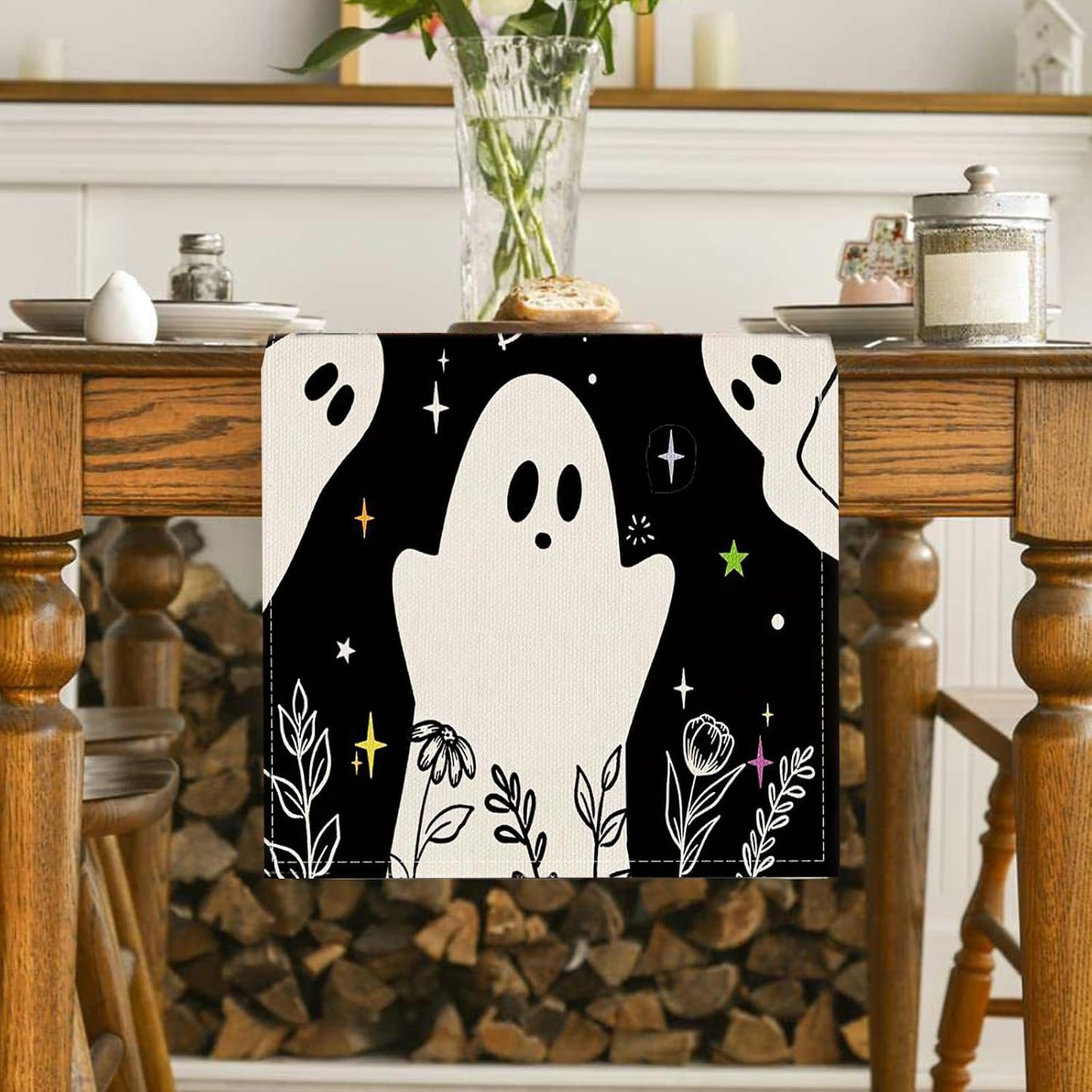 Halloween Black Table Runner Spooky Ghost Floral Boo Table Linen Runner Seasonal Holiday Kitchen Dining Table Decoration Halloween Decorations for Indoor Outdoor Home Party Decor 13x36 Inch