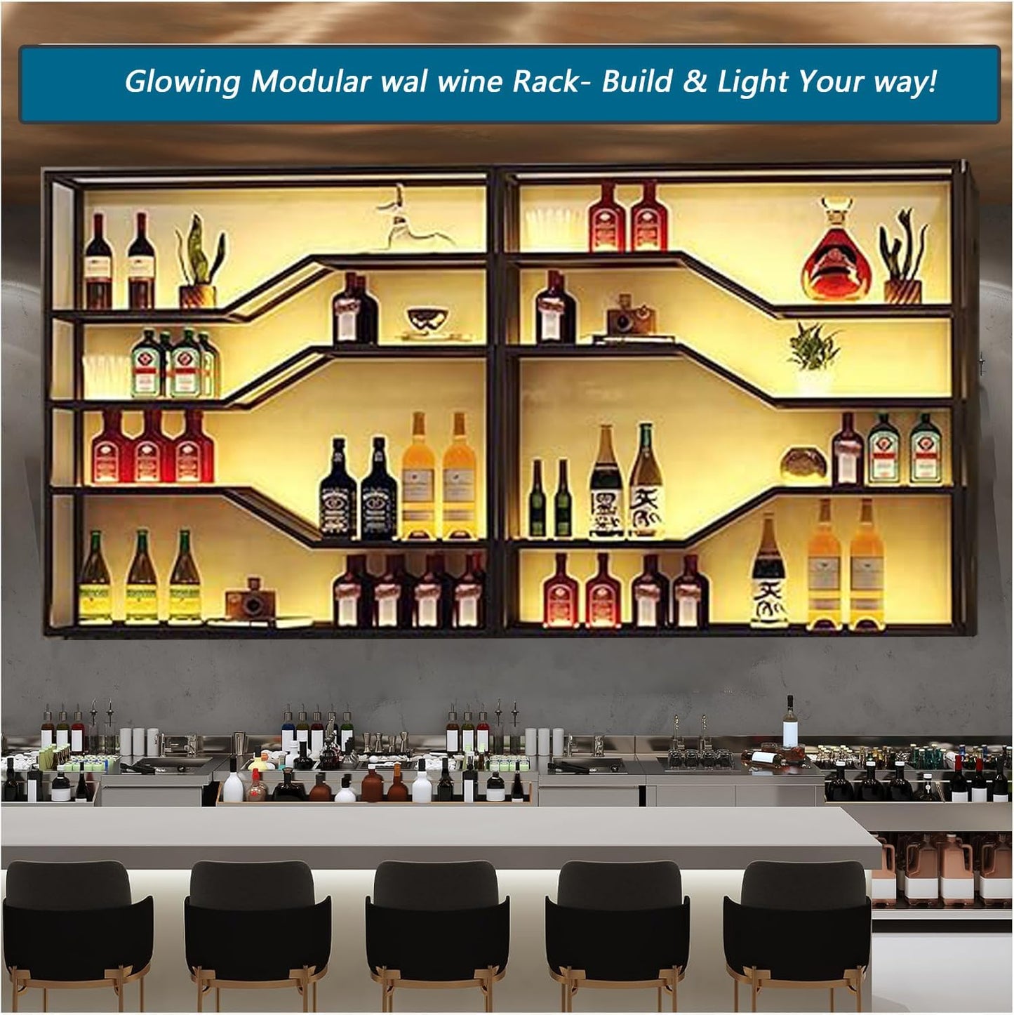 78.8in Wall Mounted Wine Rack with LED Light, 5-Tiers Liquor Bottles Display Shelf with Glasses Holder, Metal Home Bar Shelves with Industrial Iron Frame for Kitchen(Black, 78.8in/6.56ft)