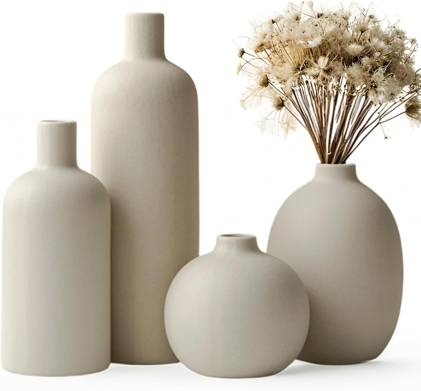 Modern Ceramic Vase Set, Neutral Colors, Decorative Vases for Home Decor, 4 Piece Collection (Beige)