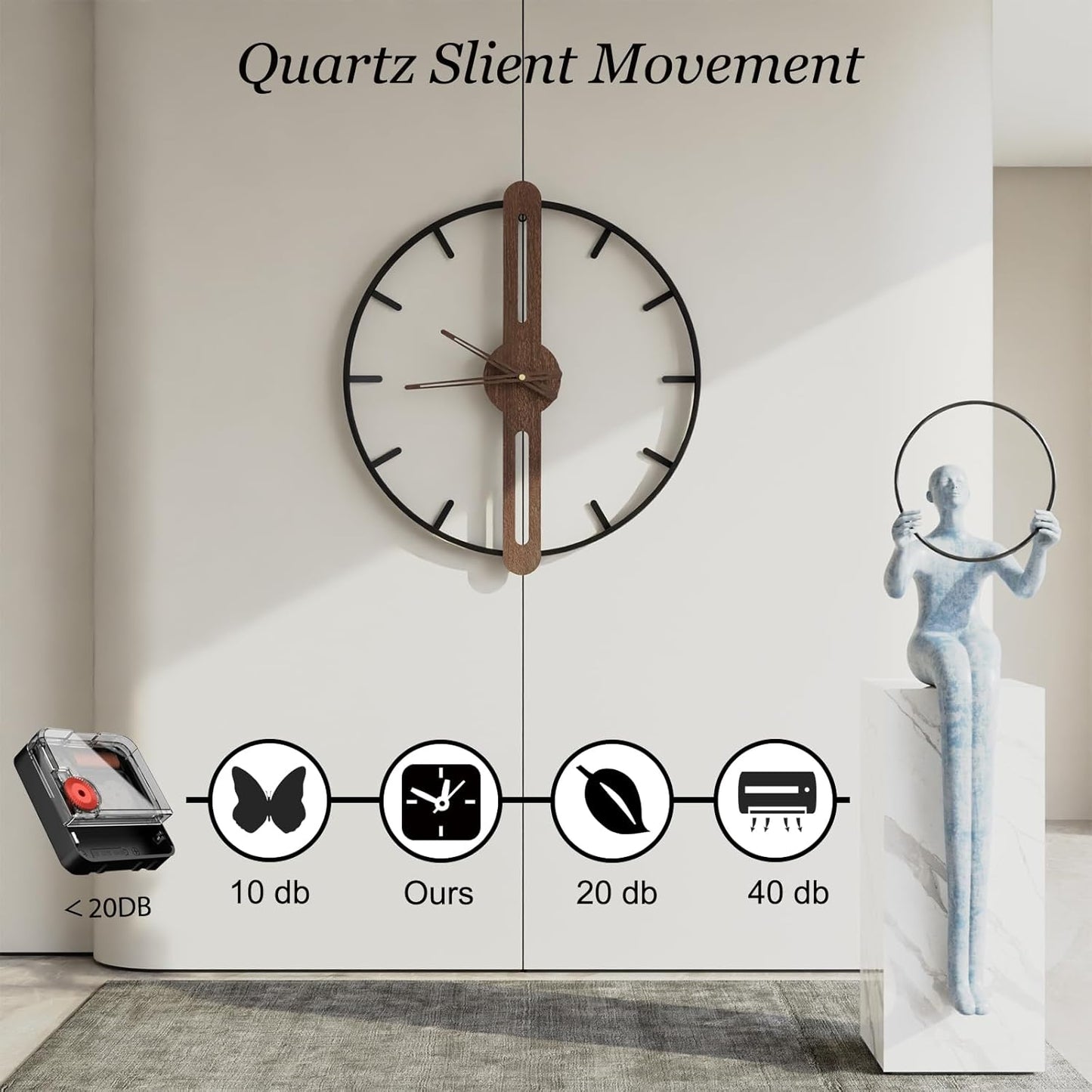 Modern Walnut Dial Wall Clock, Wood Large Wall Clock Decor Metal Frame Silent Non Ticking for Living Room, Bedroom, Kitchen, Study Decoration, Handmade Home Gift Idea, 28 in (70 cm)