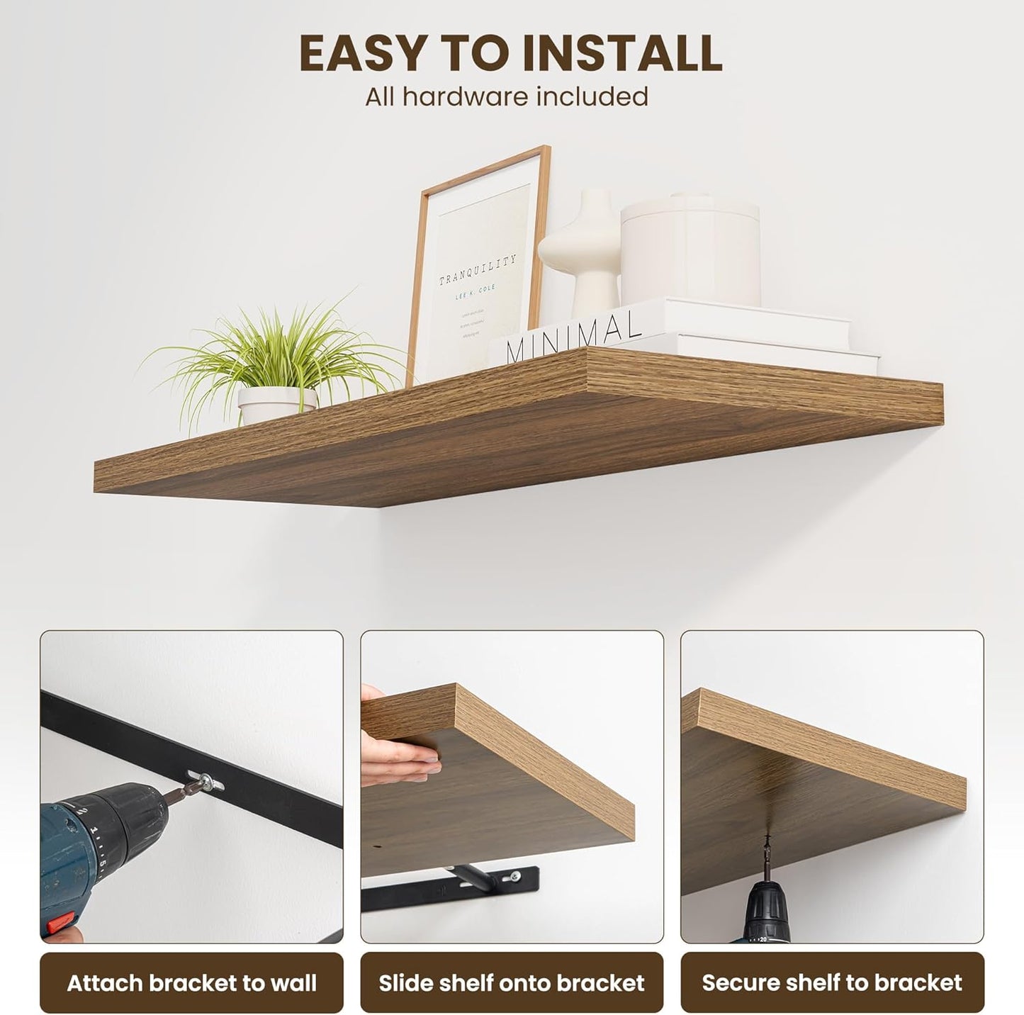 24" Floating Shelves for Wall, 12" Deep Slim Walnut Floating Shelves, Wall-Mounted Shelves for Bedroom, Living Room, Kitchen, Bathroom - Set of 2