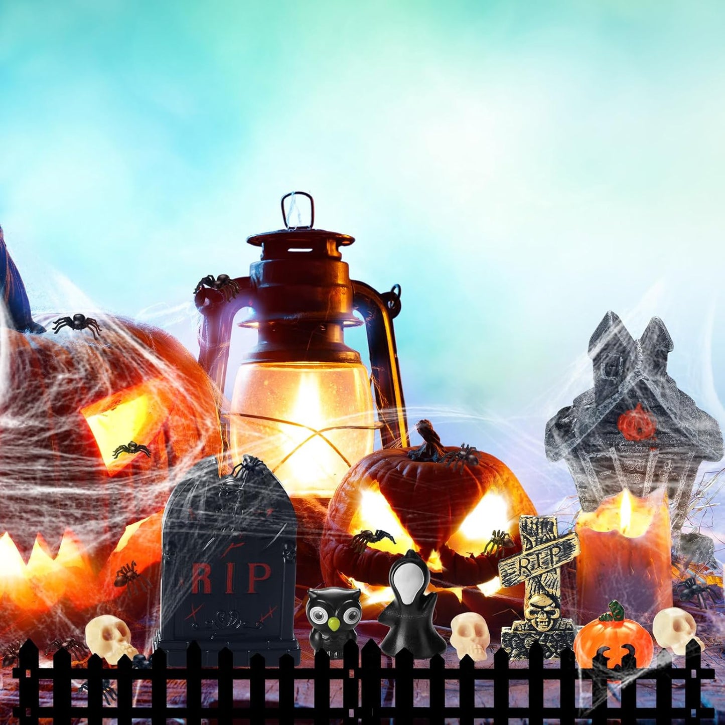 56 Pcs Halloween Village Accessories Set Halloween Haunted House Village Set Miniature Tombstones Tree Fake Spiders Fence Streetlamp Figurines for Home Table Party Decor