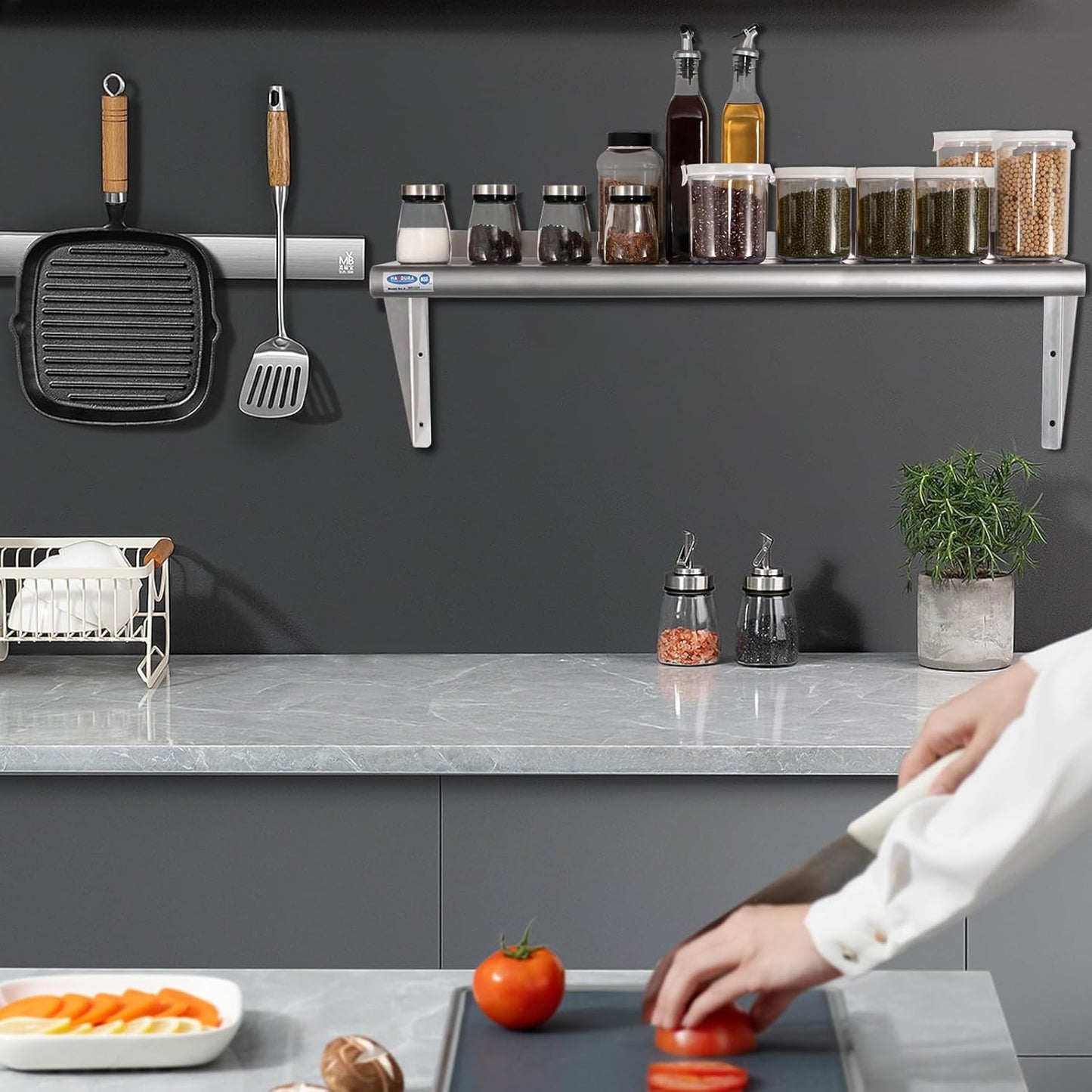 HARDURA Stainless Steel Shelf 12" x 60", 290lb Commercial Shelves Wall Mount Metal Shelving with Backsplash and Brackets for Kitchen, Restaurant, Laundry Room and Home