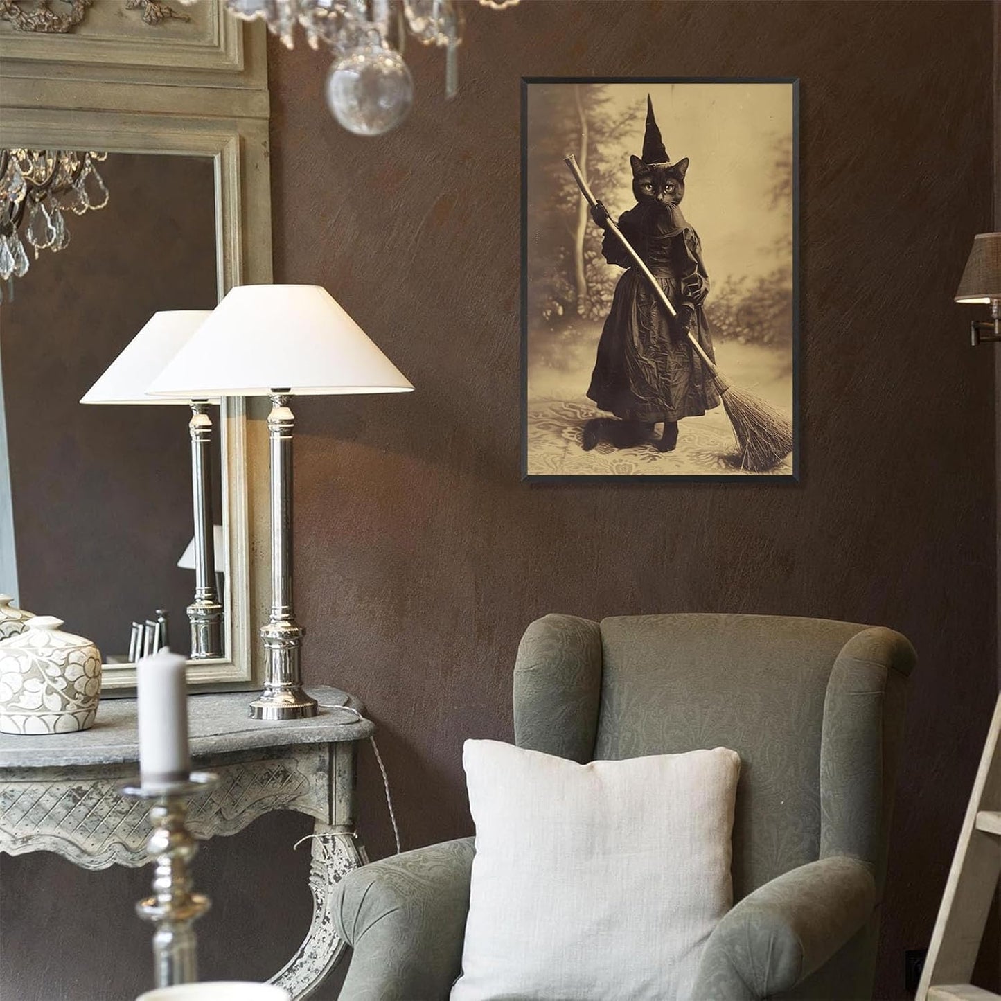 Halloween Decor Posters Black Cat Witch Canvas Wall Art Vintage Spooky Print Of Gothic Room Family Dark Academia Decorations Creepy Picture Poster Aesthetic 16X24inch Aluminum Framed