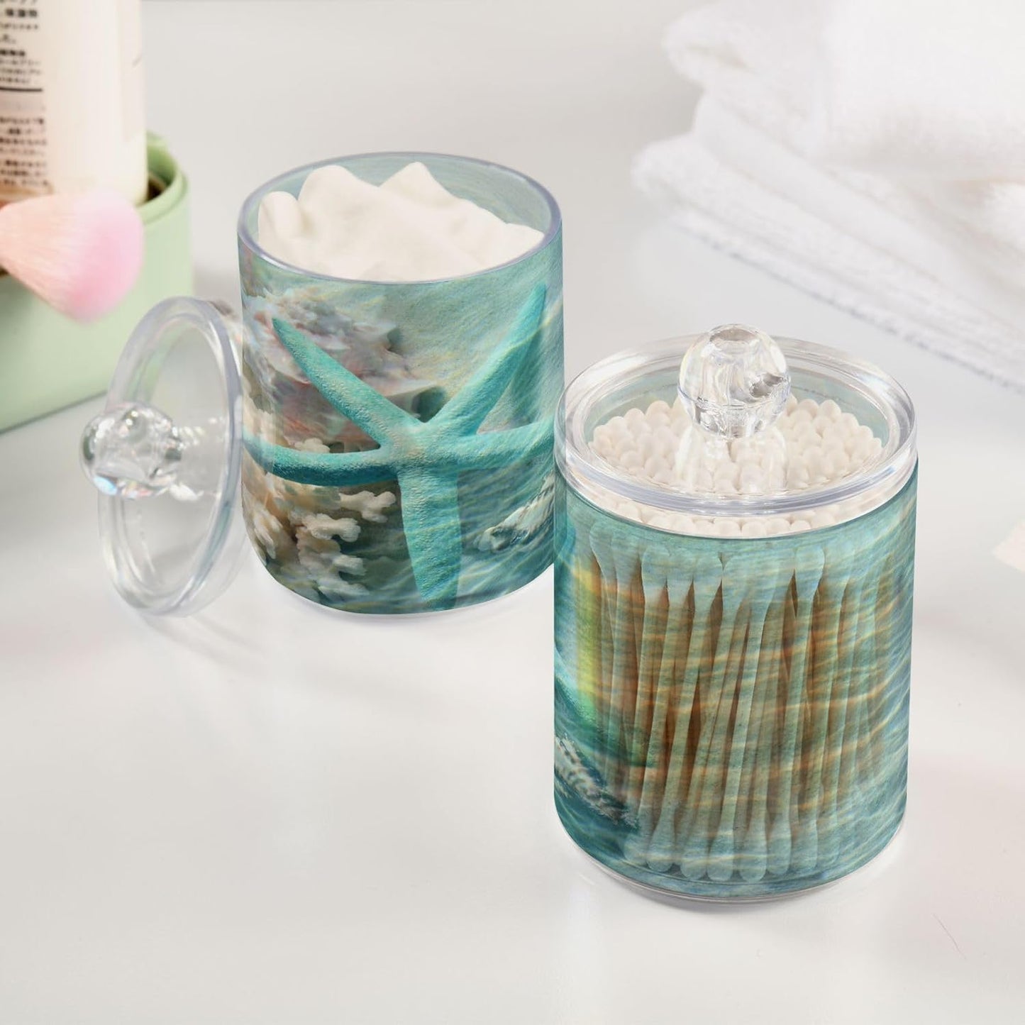 2 Pack Qtip Holder Organizer Dispenser Seashell Starfish Summer Beach Bathroom Storage Canister Cotton Ball Holder Container for Cotton Swabs/Pads/Floss
