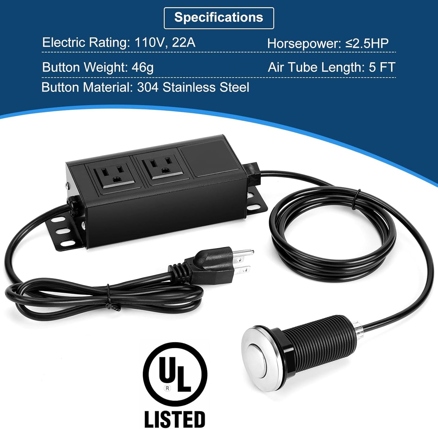 Dual Outlet Garbage Disposal Air Switch Kit, UL Listed Sink Top Air Switch for Food Waste Disposal, 3.58” Extra Long Air Button, Brushed Stainless Steel