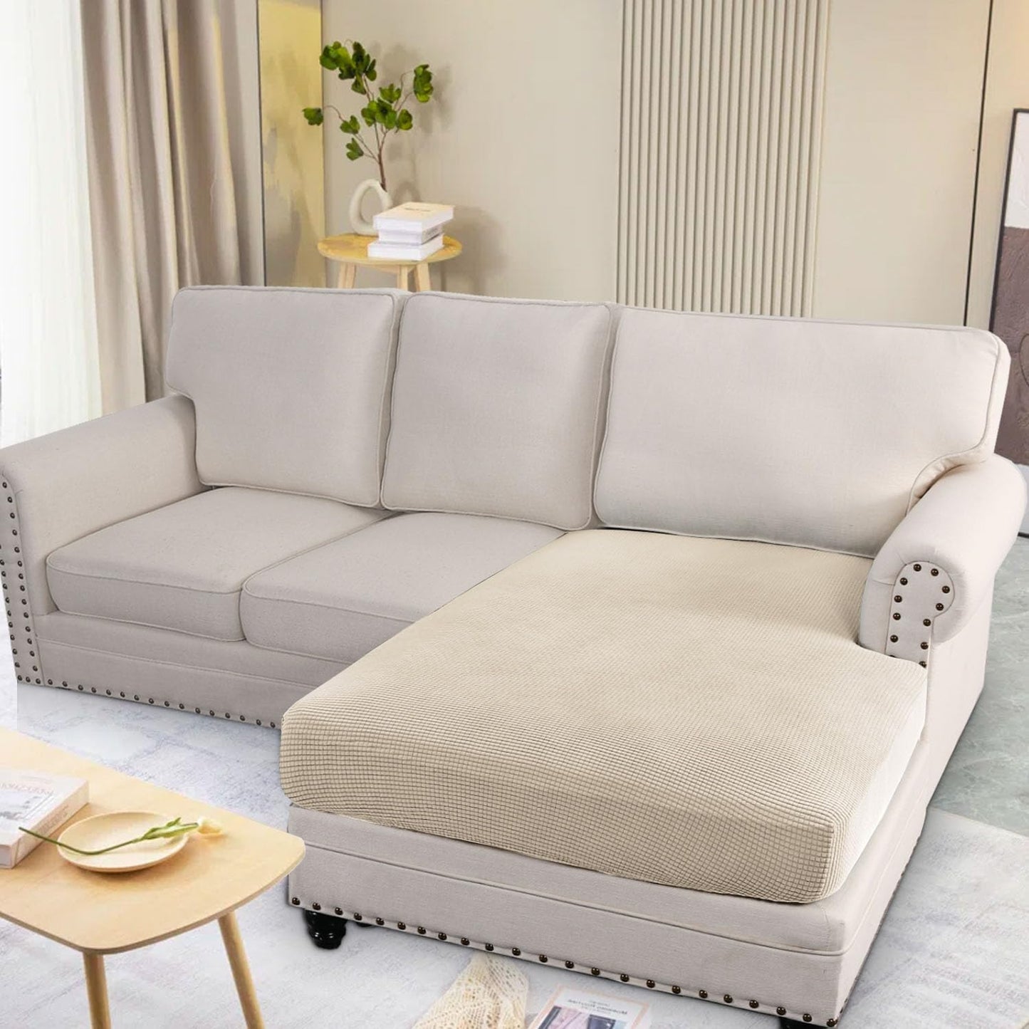 H.VERSAILTEX Super Stretch Individual Chaise Cover Sectional Couch Covers for L Shaped Sofa Both Left/Right Featuring Thick Jacquard Textured Twill Fabric (1 Piece Chaise Cover, Natural)