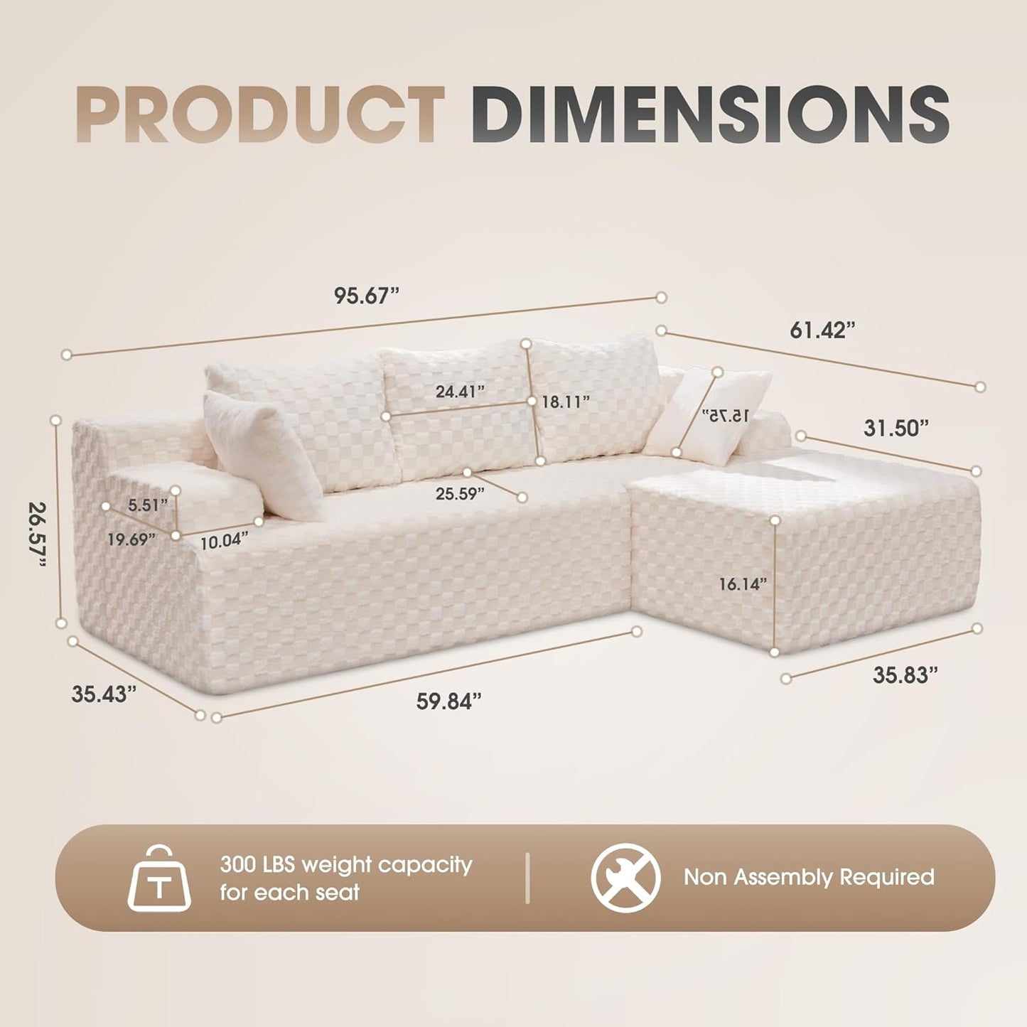 Hobestluk 96“ Modular Sectional Sofa Couches L-Shape Couch 3 Seat Modular Sofa Memory Foam Sectional Couches for Living Room, Cloud Couch with Oversized Chaise (White, Checked (Right Facing Chaise))